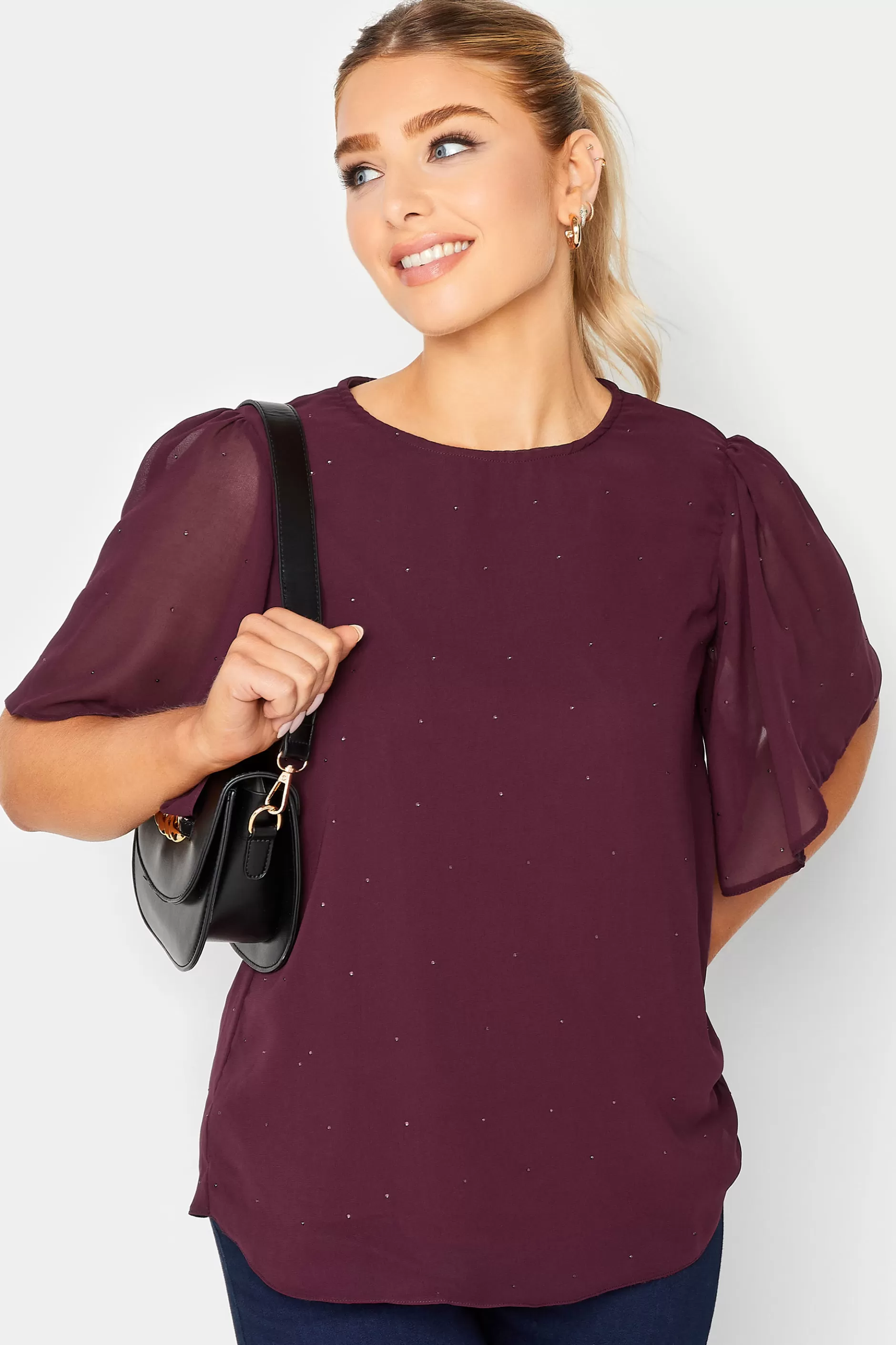 Women M&Co Blouses> Womens Red Gem Detail Angel Sleeve Blouse