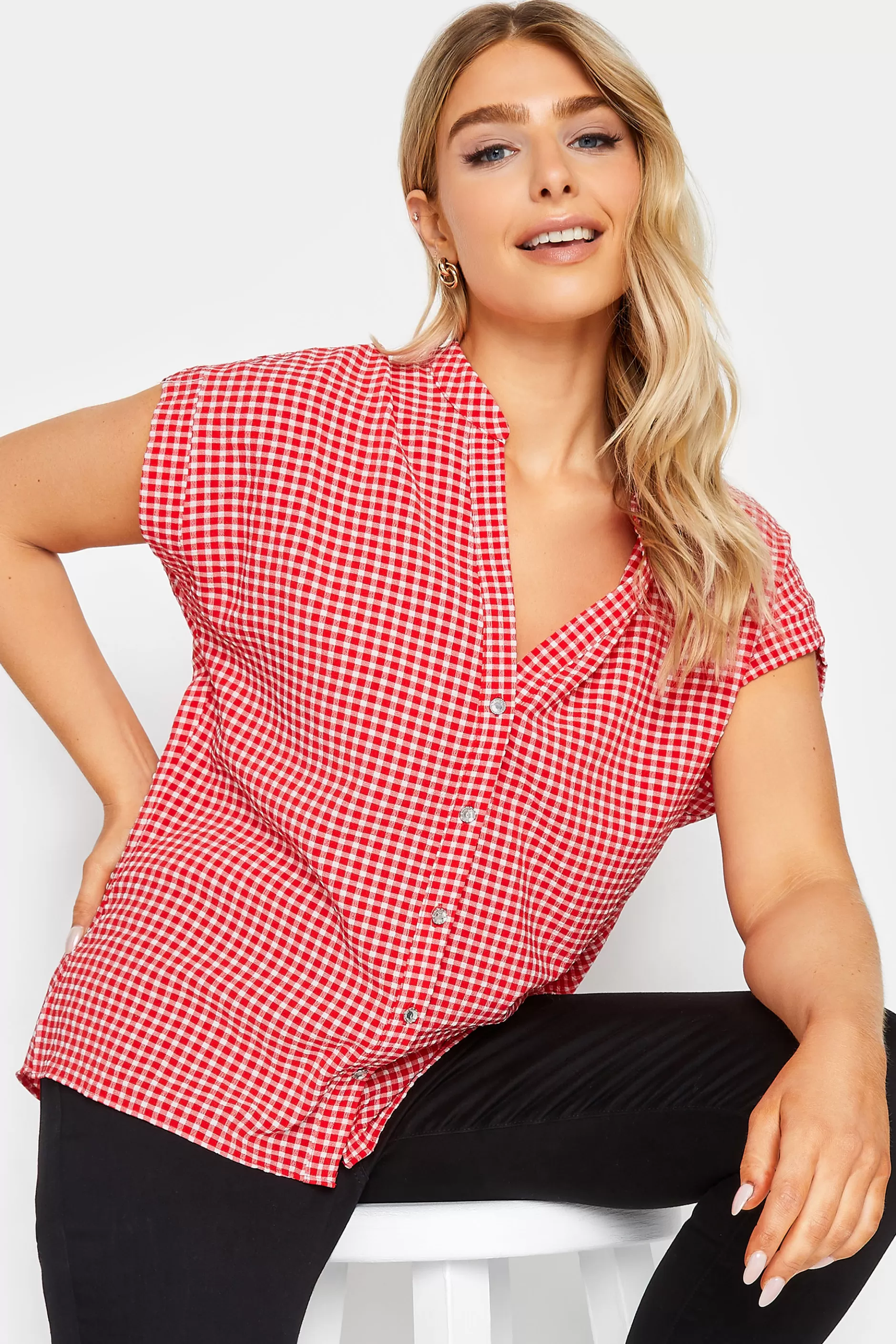 Women M&Co Short Sleeve Tops> Womens Red Gingham Short Sleeve Shirt