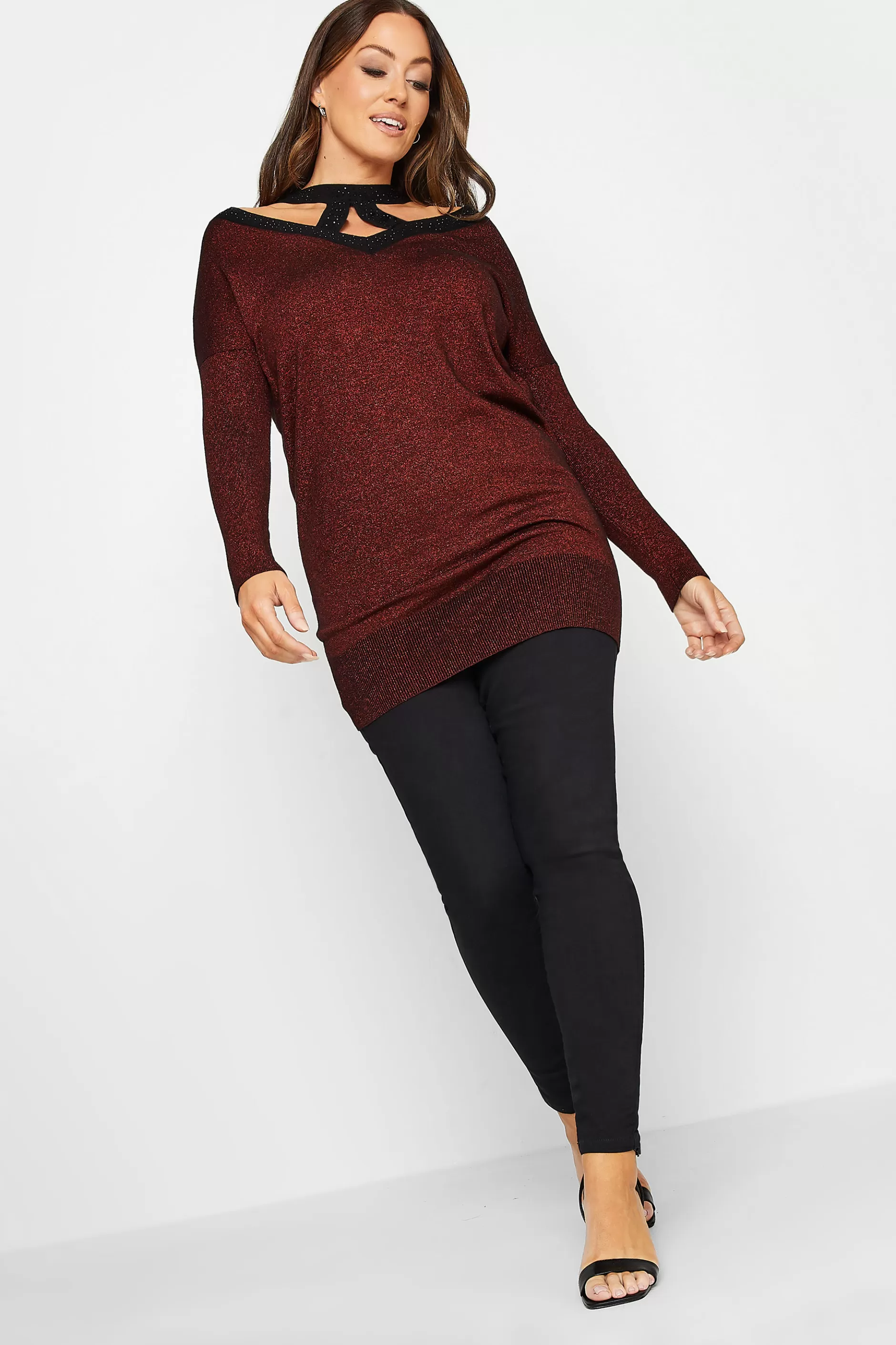 Women M&Co Long Sleeve Tops> Womens Red Glitter Cut Out Tunic Jumper