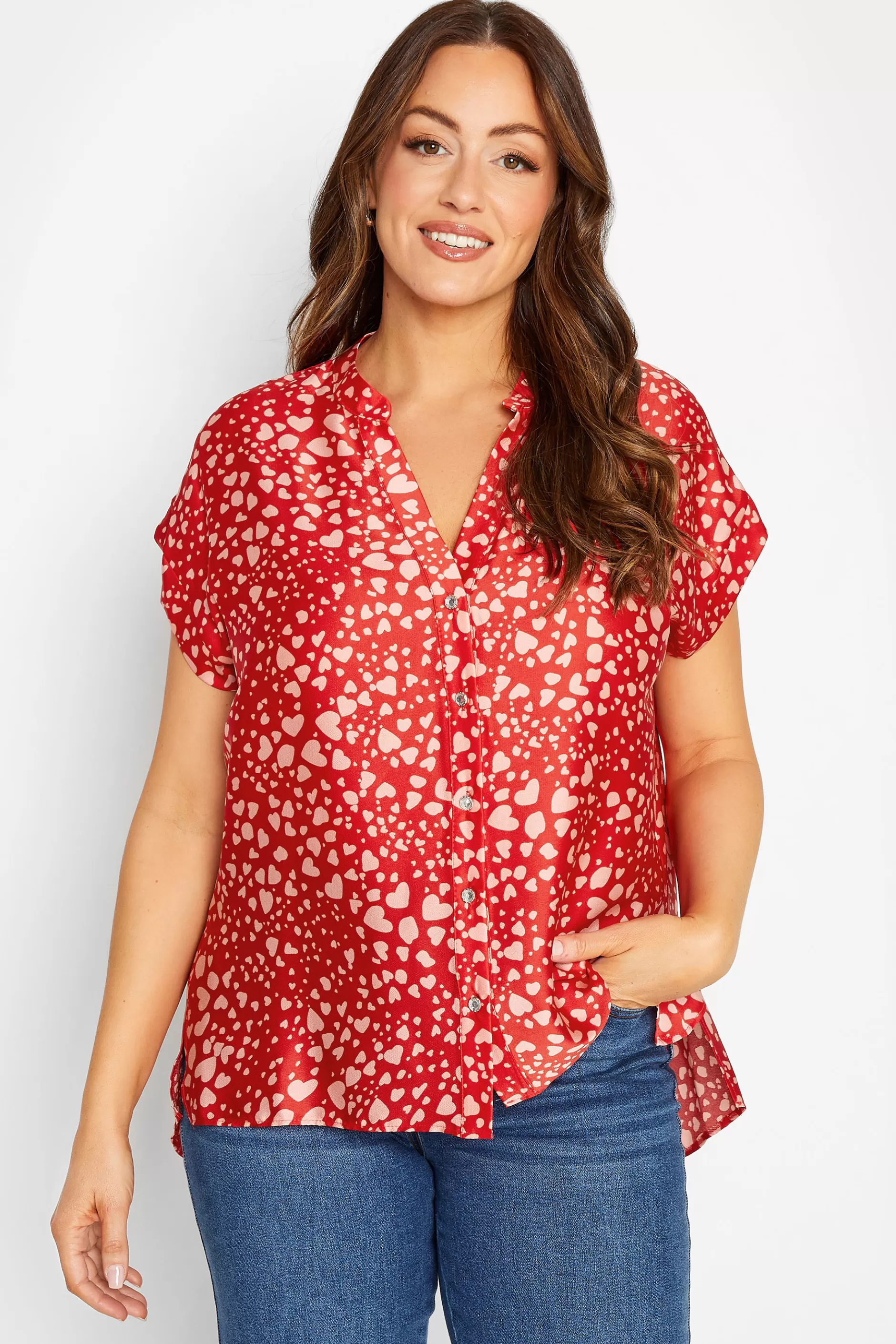 Women M&Co Short Sleeve Tops> Womens Red Heart Print Shirt