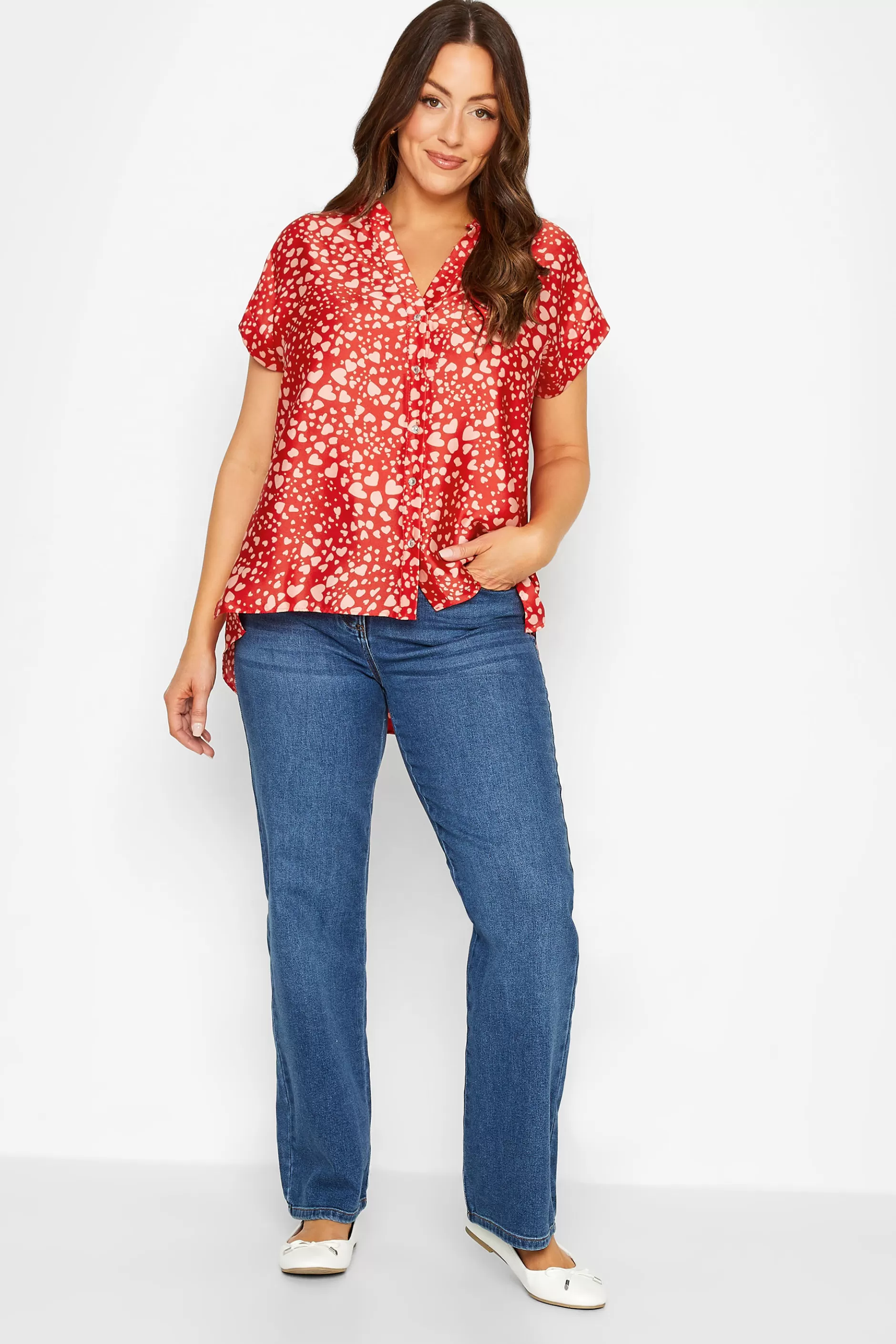 Women M&Co Short Sleeve Tops> Womens Red Heart Print Shirt