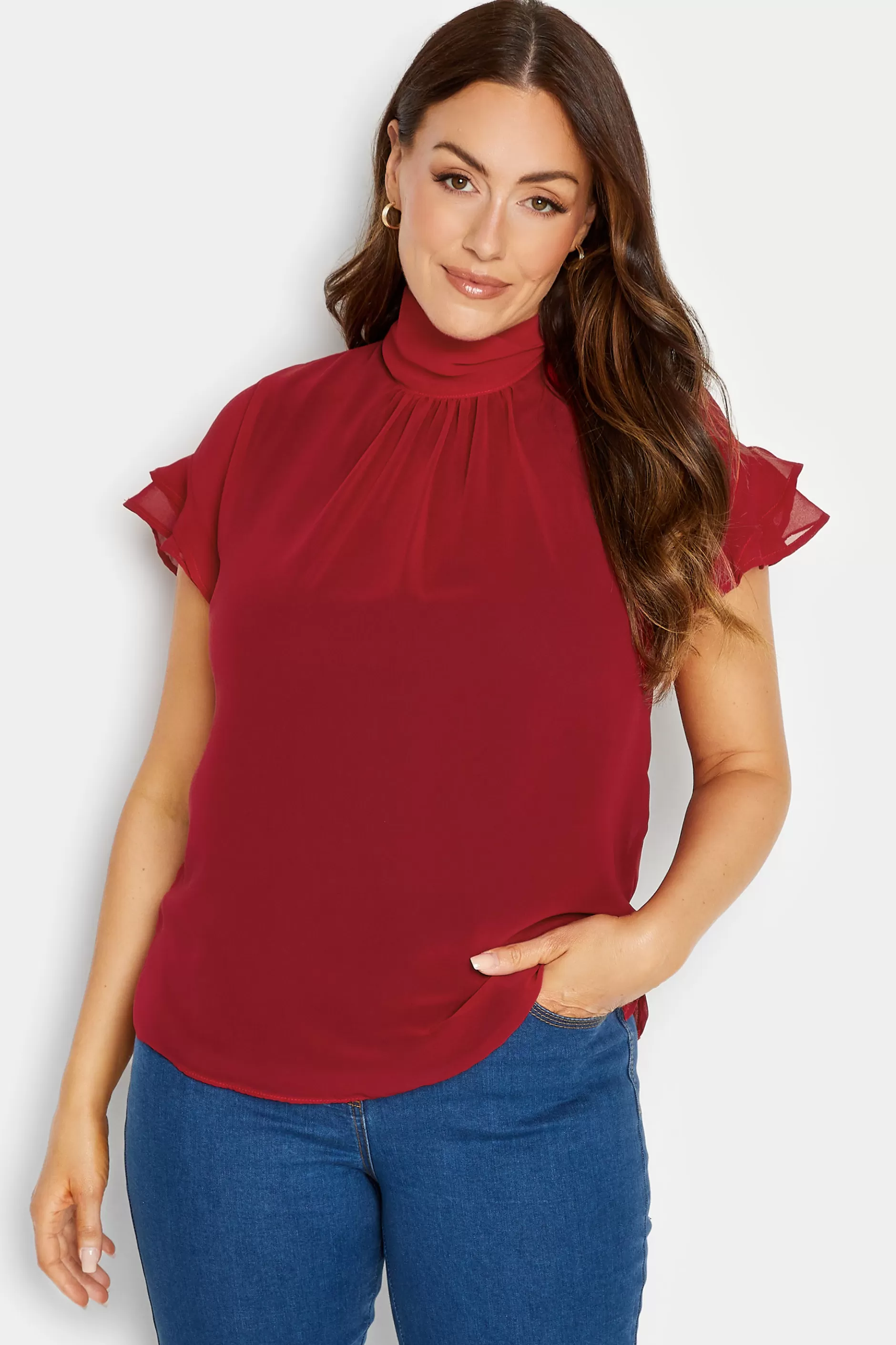 Women M&Co Short Sleeve Tops> Womens Red High Neck Frill Sleeve Blouse