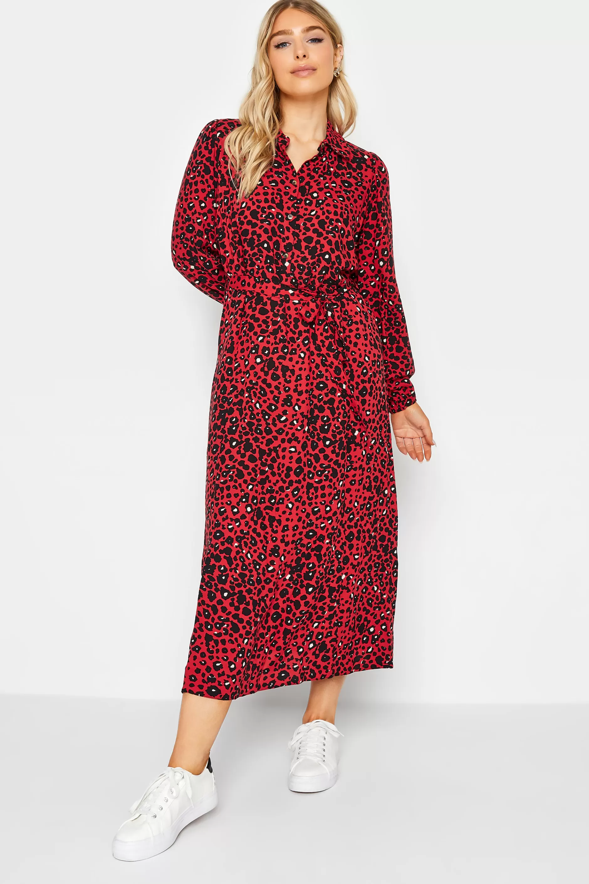 Women M&Co Shirt Dresses> Womens Red Leopard Print Midaxi Shirt Dress