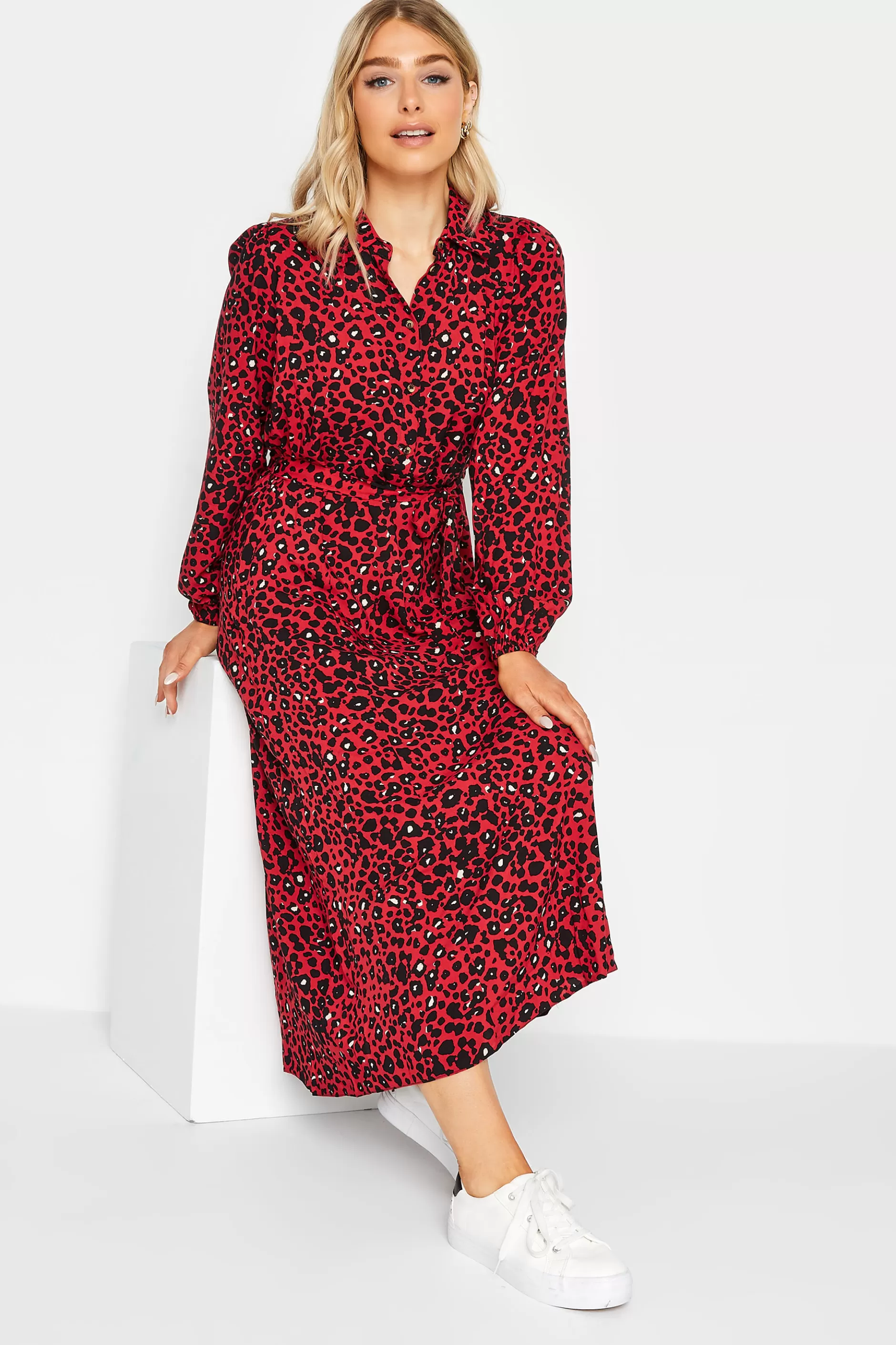 Women M&Co Shirt Dresses> Womens Red Leopard Print Midaxi Shirt Dress