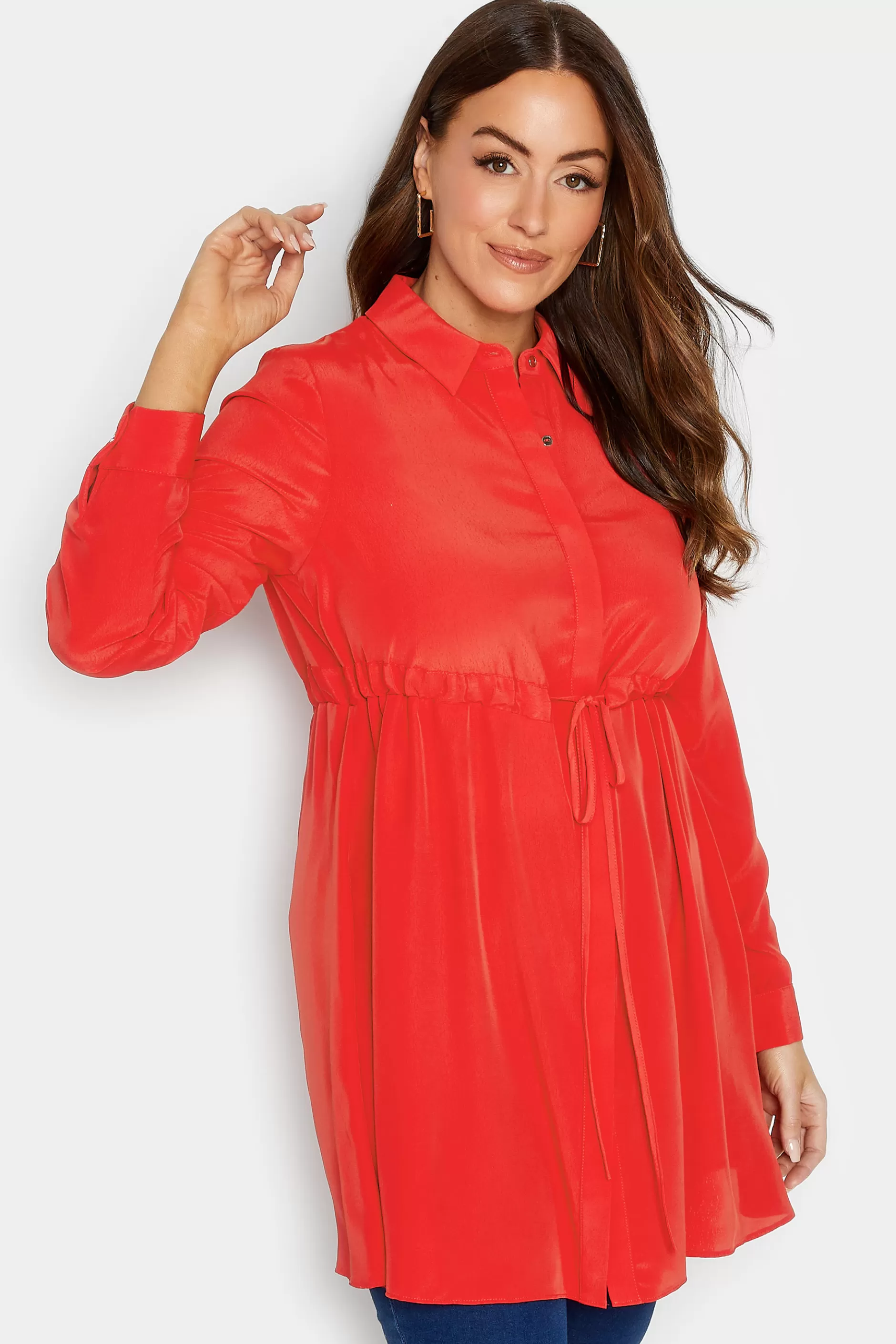 Women M&Co Shirts> Womens Red Tie Waist Tunic Shirt