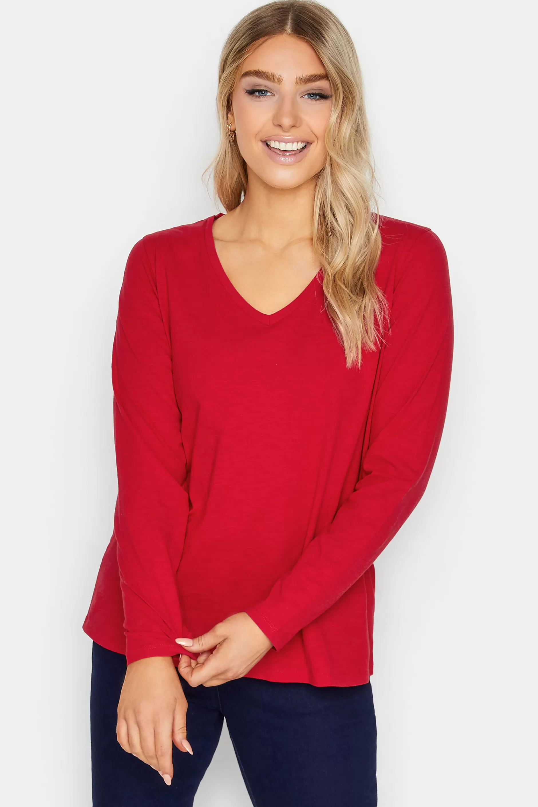 Women M&Co T-Shirts> Womens Red V-Neck Long Sleeve Cotton Blend T-Shirt