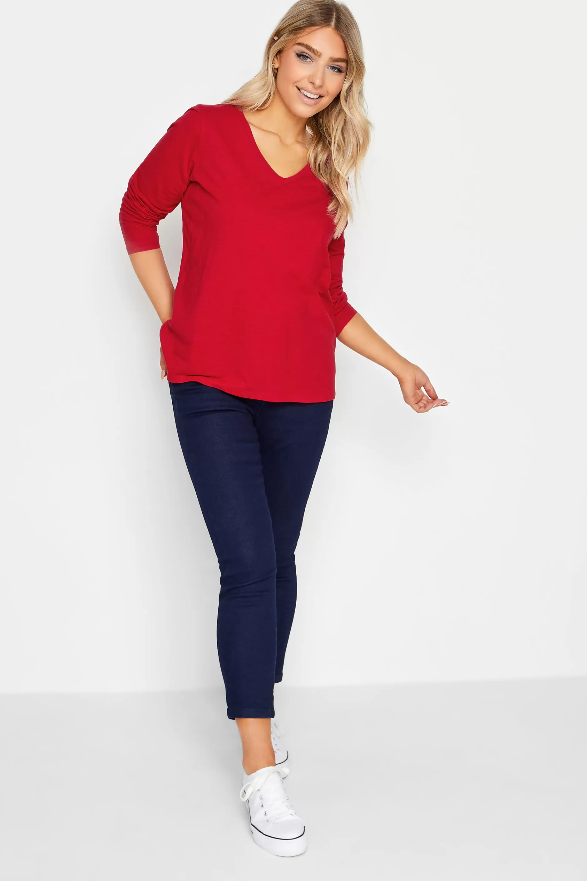 Women M&Co T-Shirts> Womens Red V-Neck Long Sleeve Cotton Blend T-Shirt