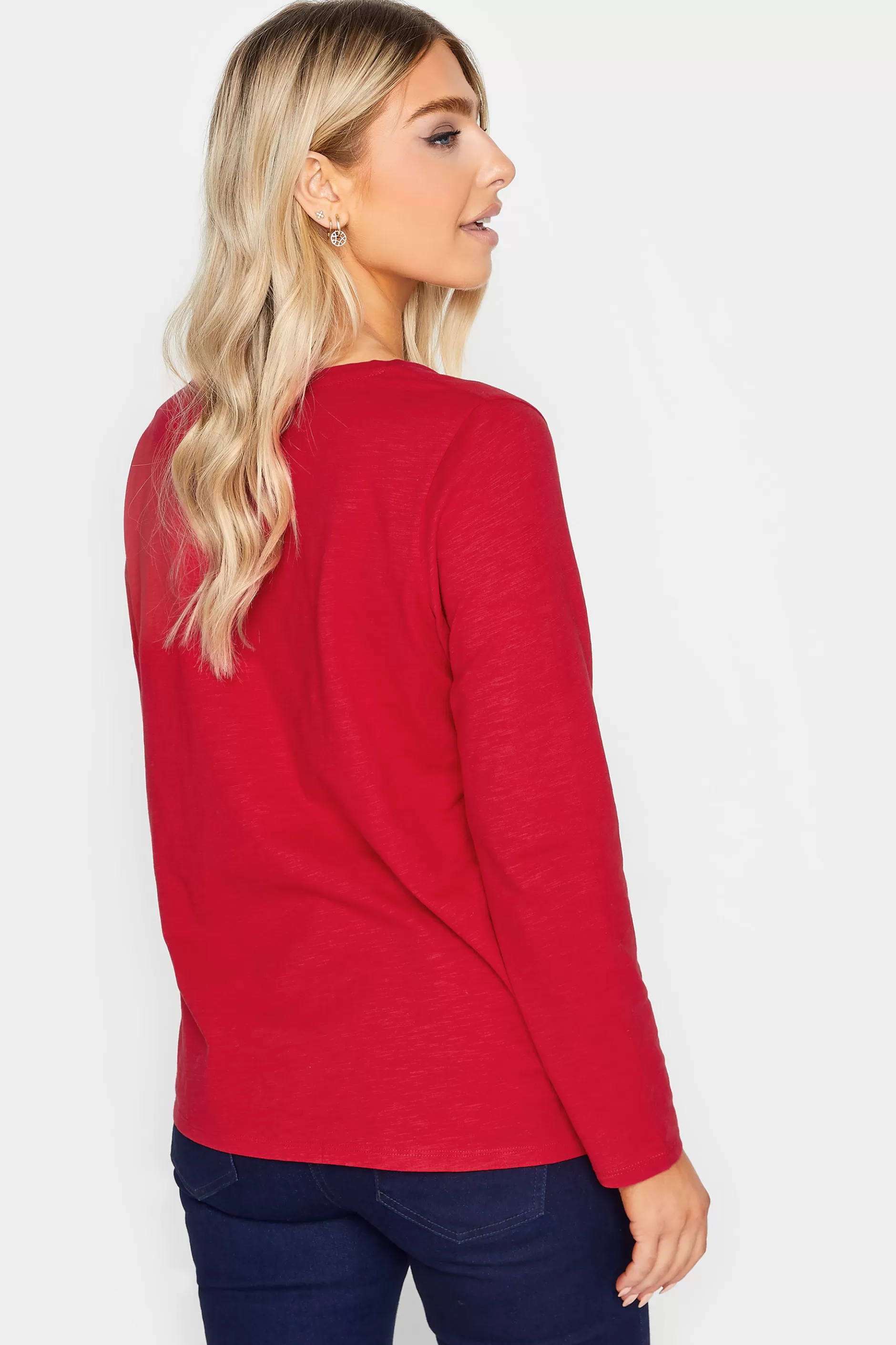 Women M&Co T-Shirts> Womens Red V-Neck Long Sleeve Cotton Blend T-Shirt