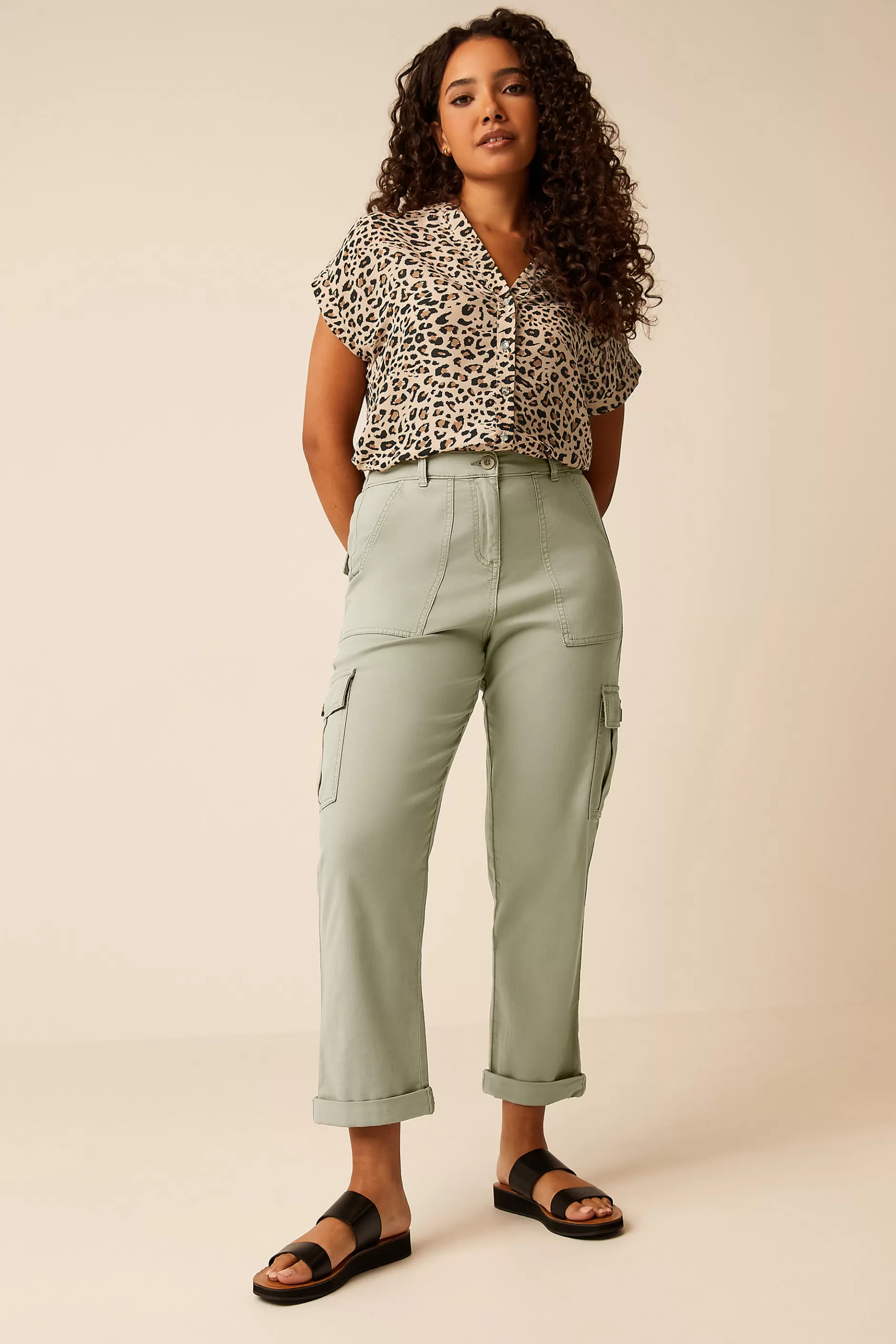 Women M&Co Trousers> Womens Sage Green Cargo Trousers