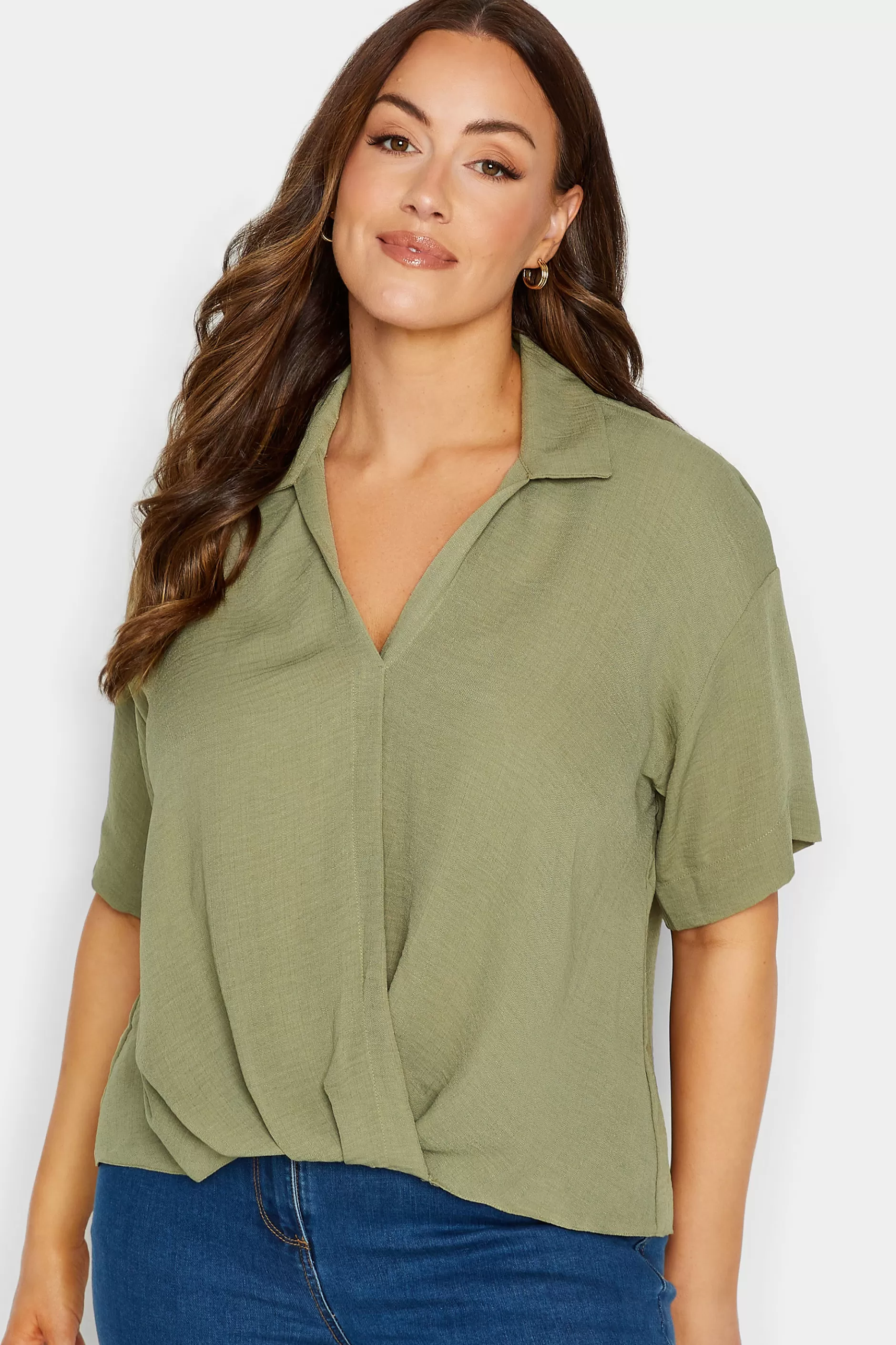 Women M&Co Short Sleeve Tops> Womens Sage Green V-Neck Wrap Blouse