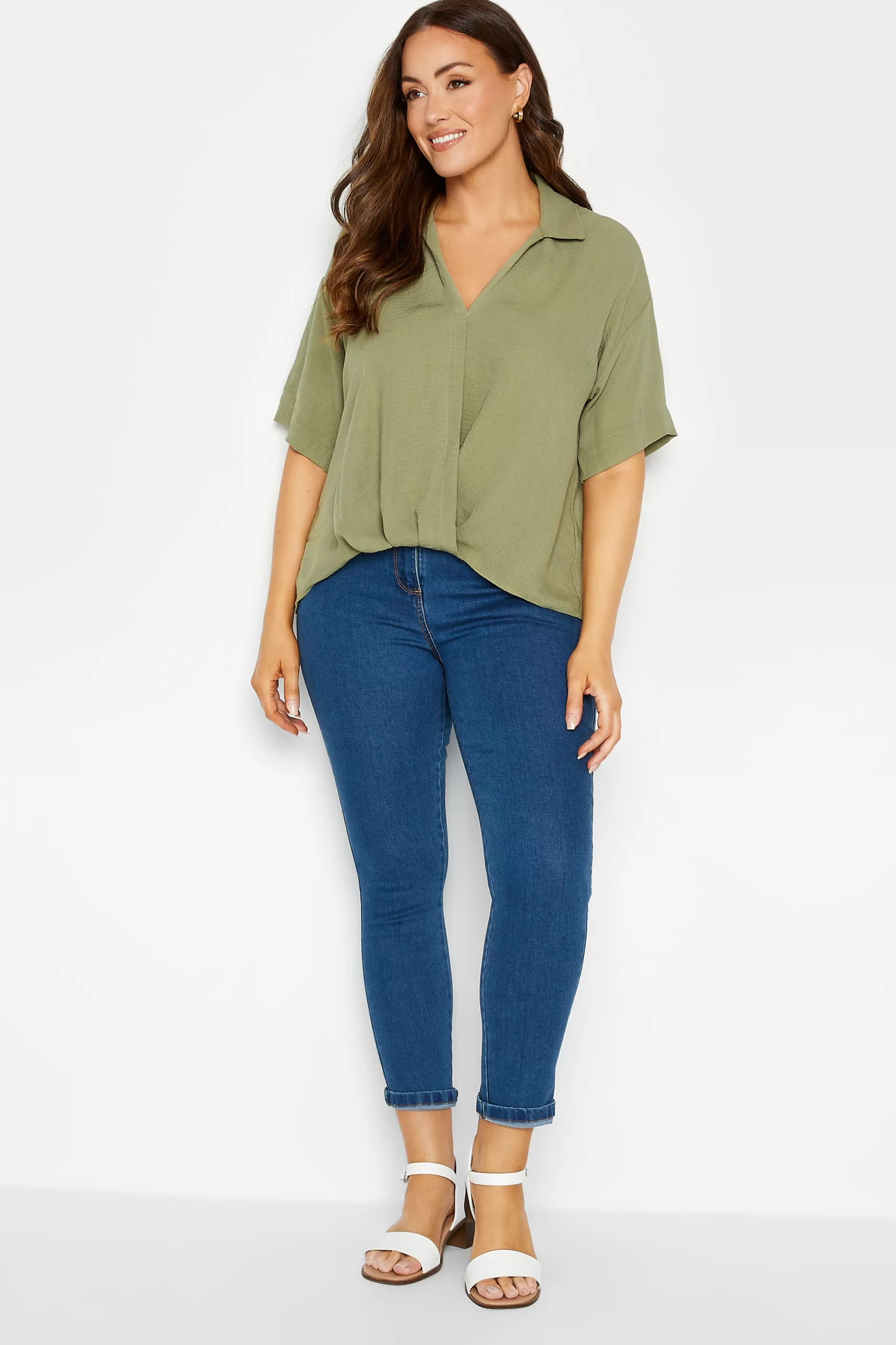 Women M&Co Short Sleeve Tops> Womens Sage Green V-Neck Wrap Blouse