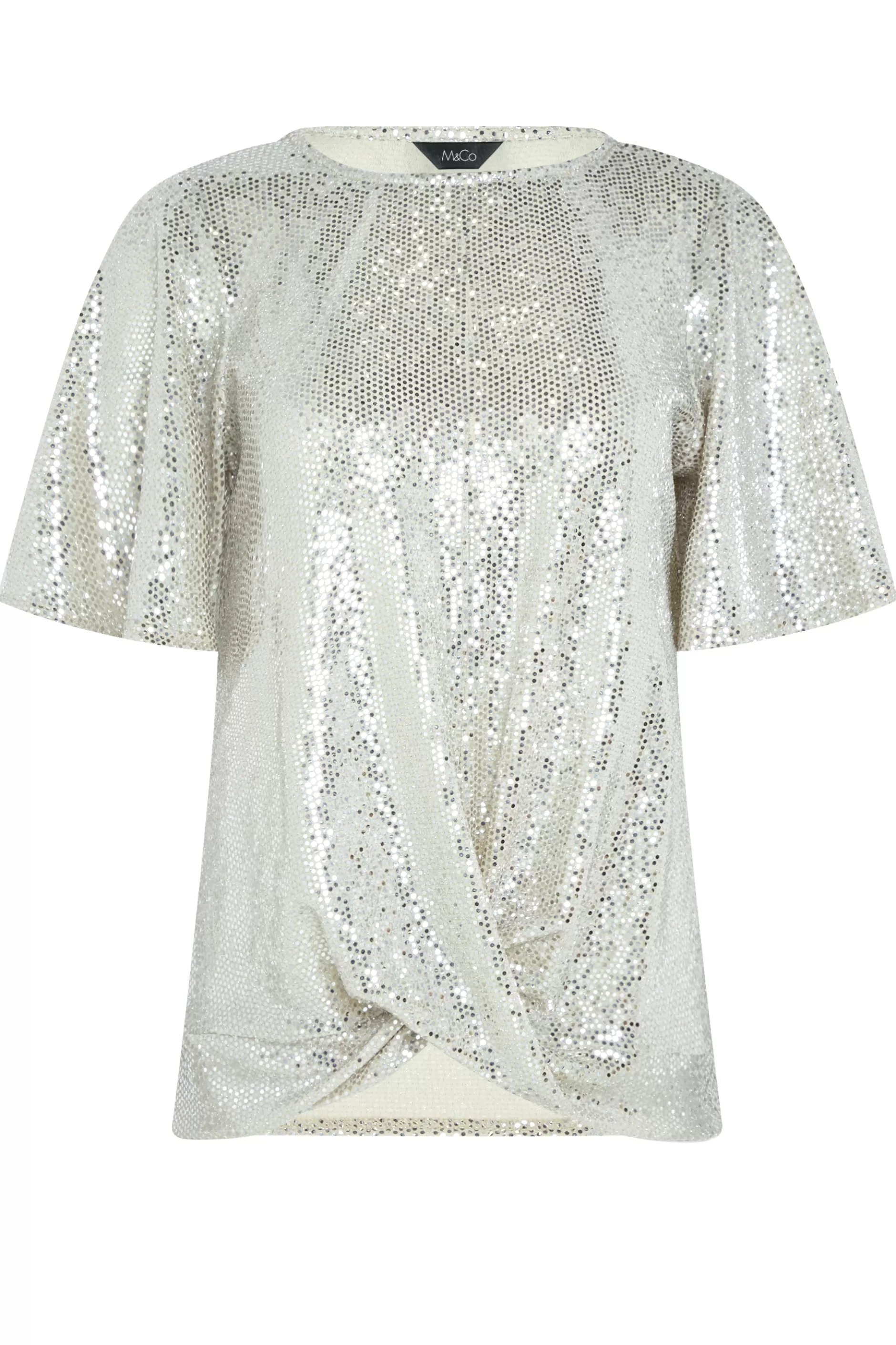 Women M&Co T-Shirts> Womens Silver Sequin Angel Sleeve Wrap Top