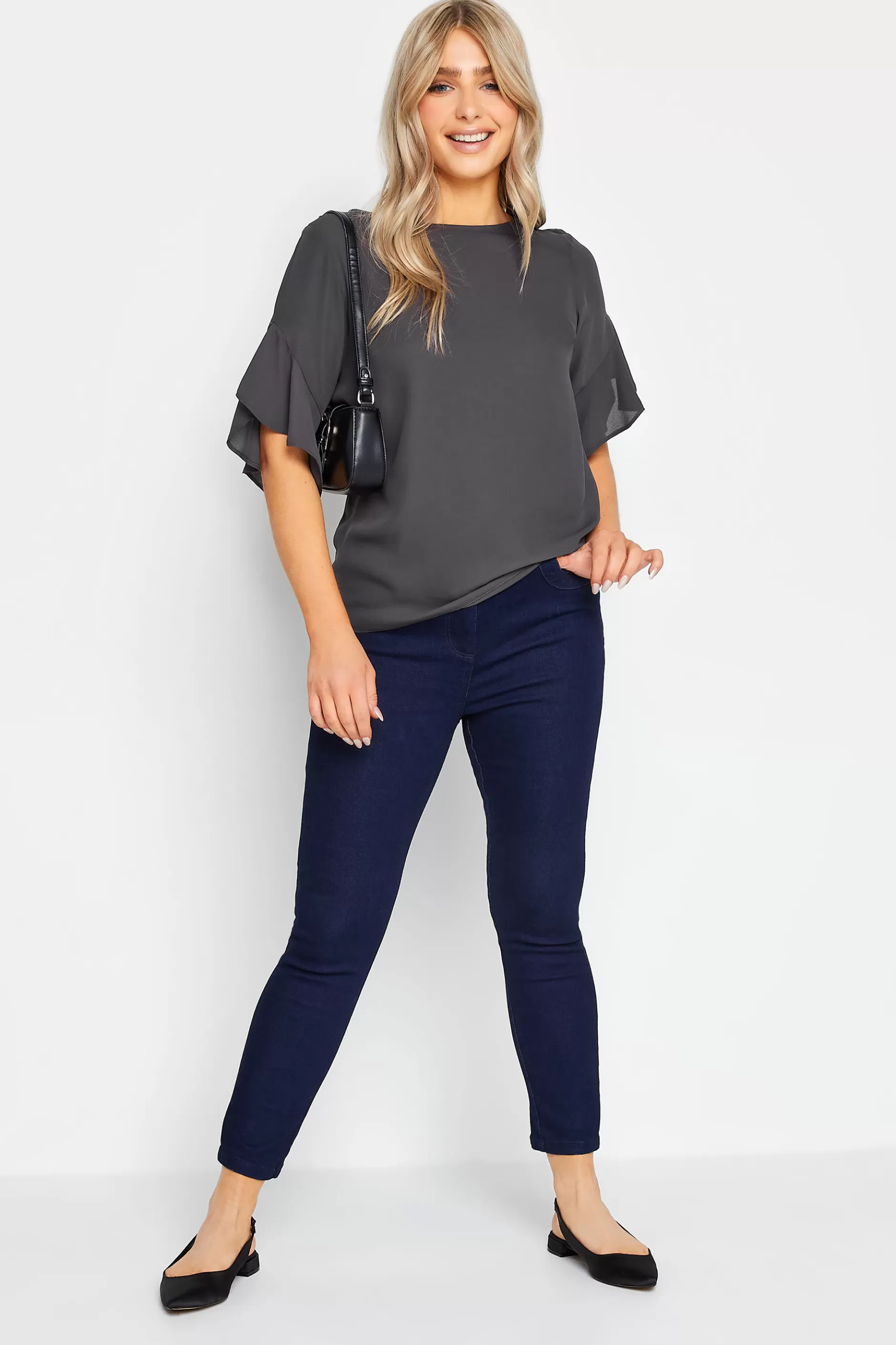 Women M&Co Short Sleeve Tops> Womens Slate Grey Frill Sleeve Blouse