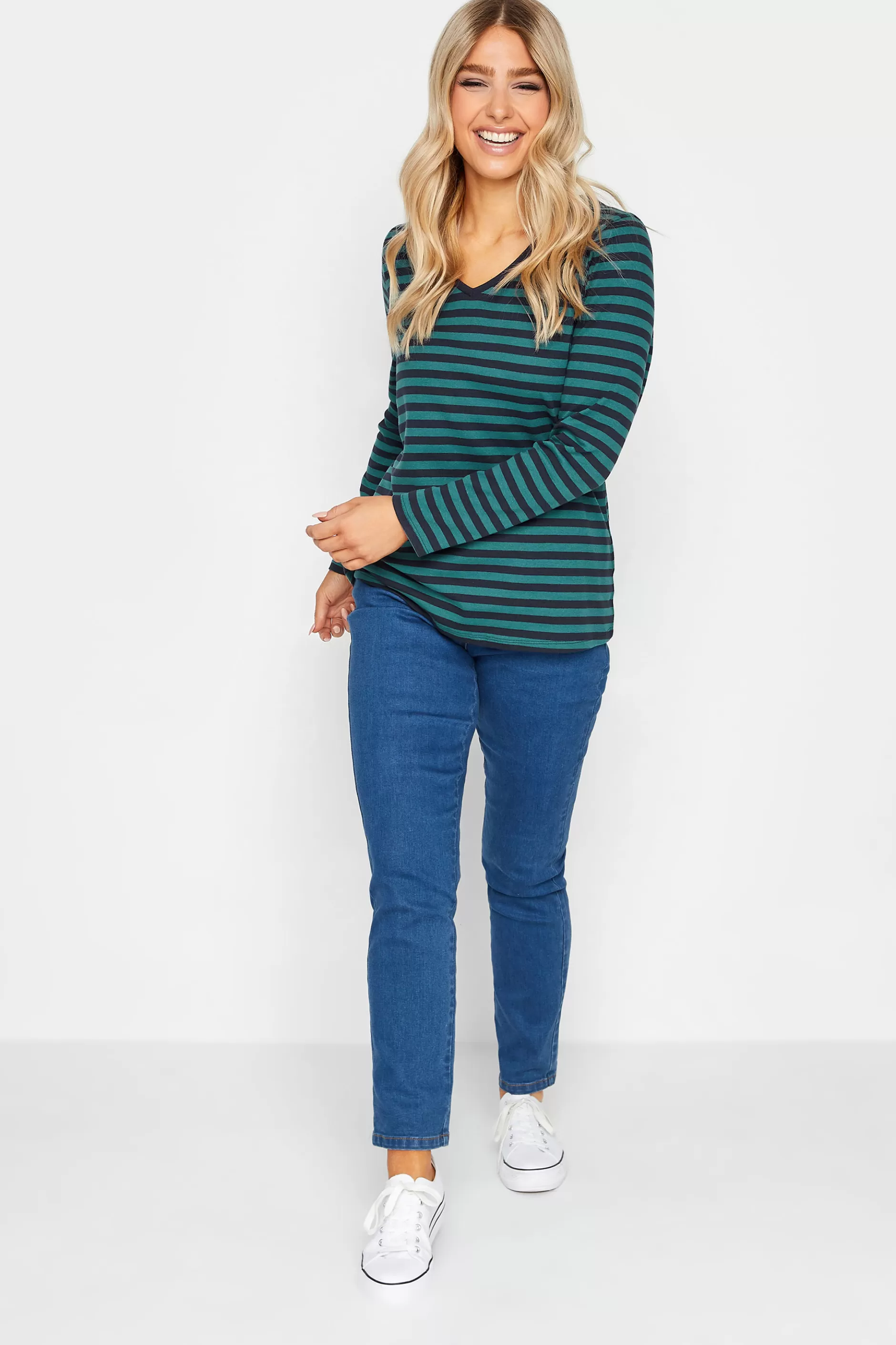 Women M&Co T-Shirts> Womens Teal Blue Stripe V-Neck Long Sleeve Cotton T-Shirt