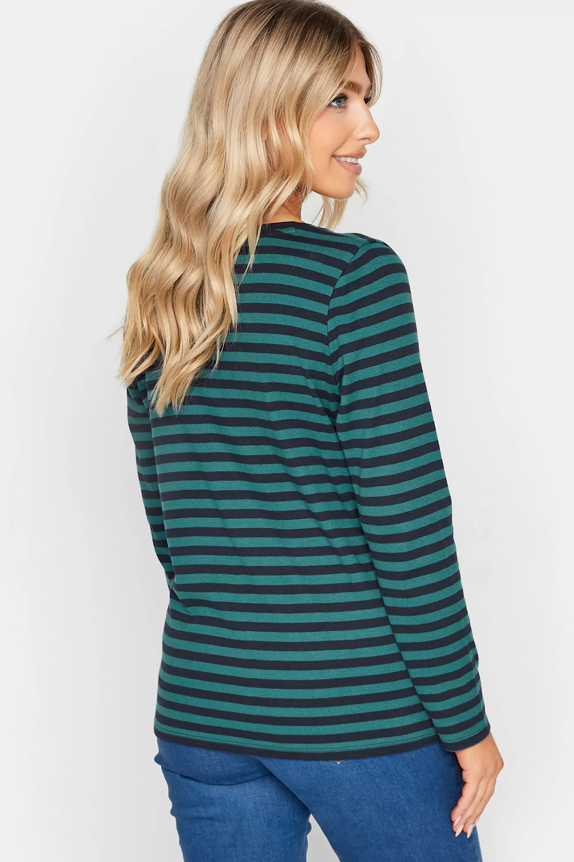 Women M&Co T-Shirts> Womens Teal Blue Stripe V-Neck Long Sleeve Cotton T-Shirt