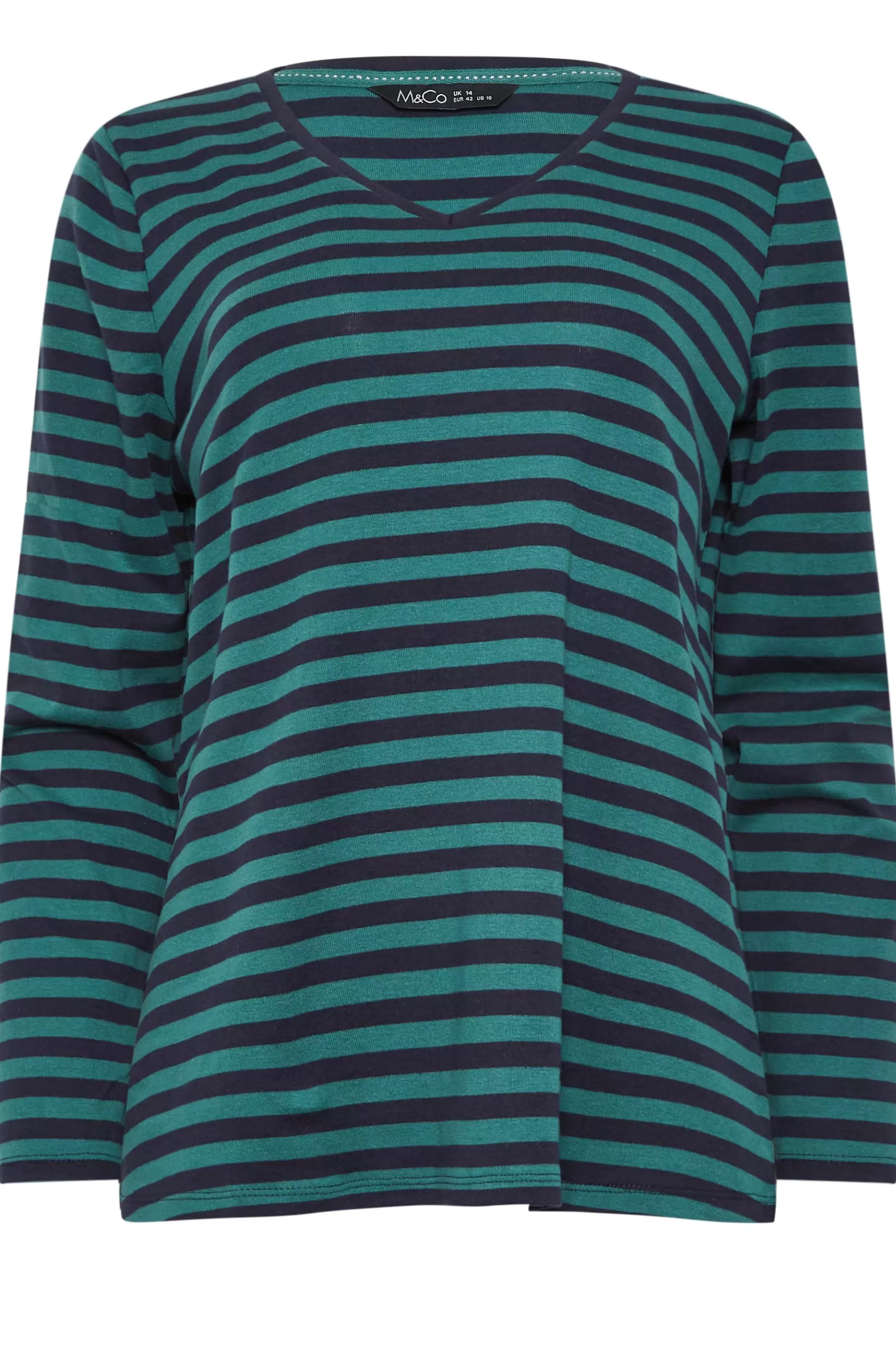 Women M&Co T-Shirts> Womens Teal Blue Stripe V-Neck Long Sleeve Cotton T-Shirt