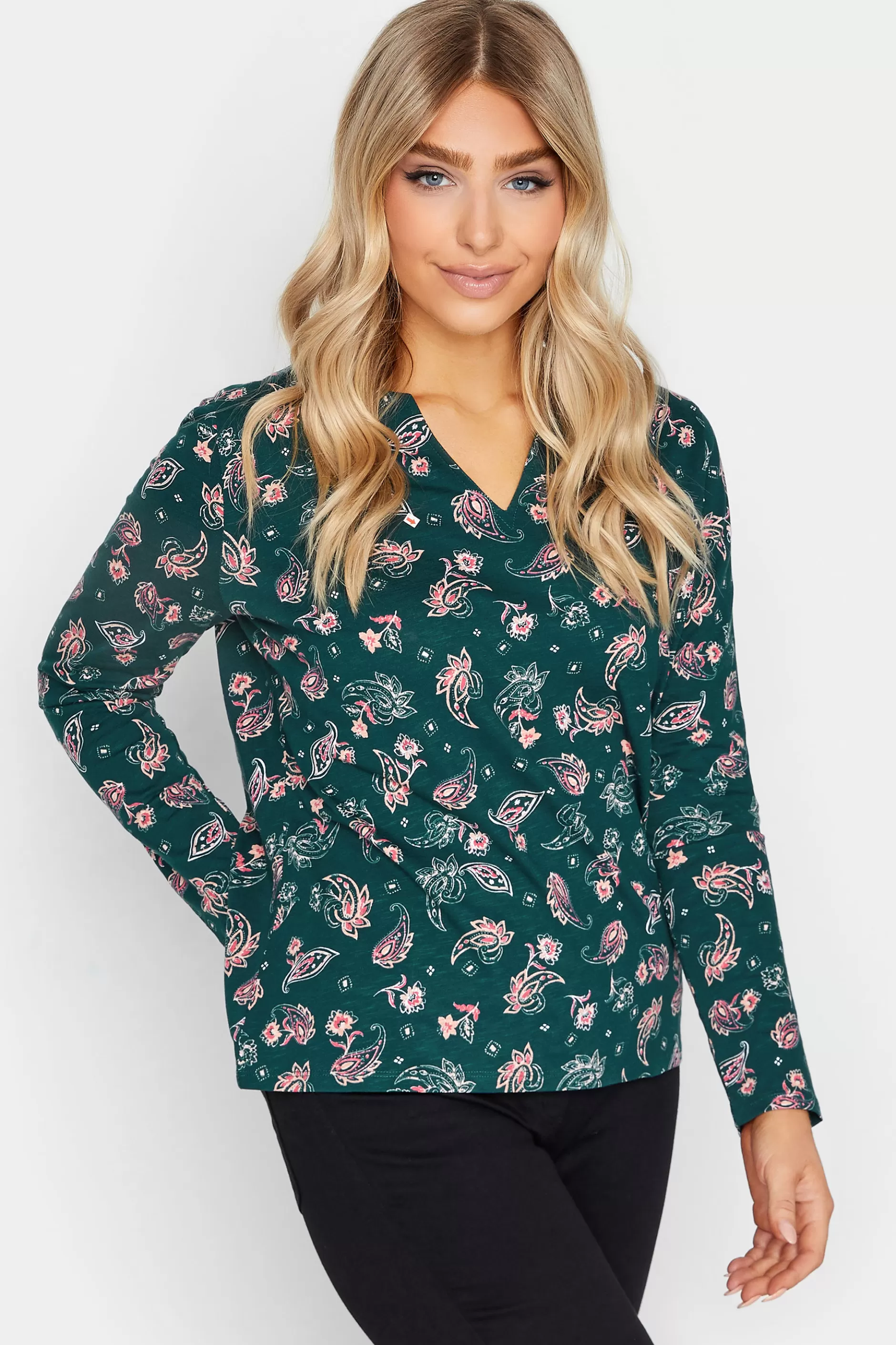 Women M&Co T-Shirts> Womens Teal Green Paisley Print Notch Neck Cotton T-Shirt