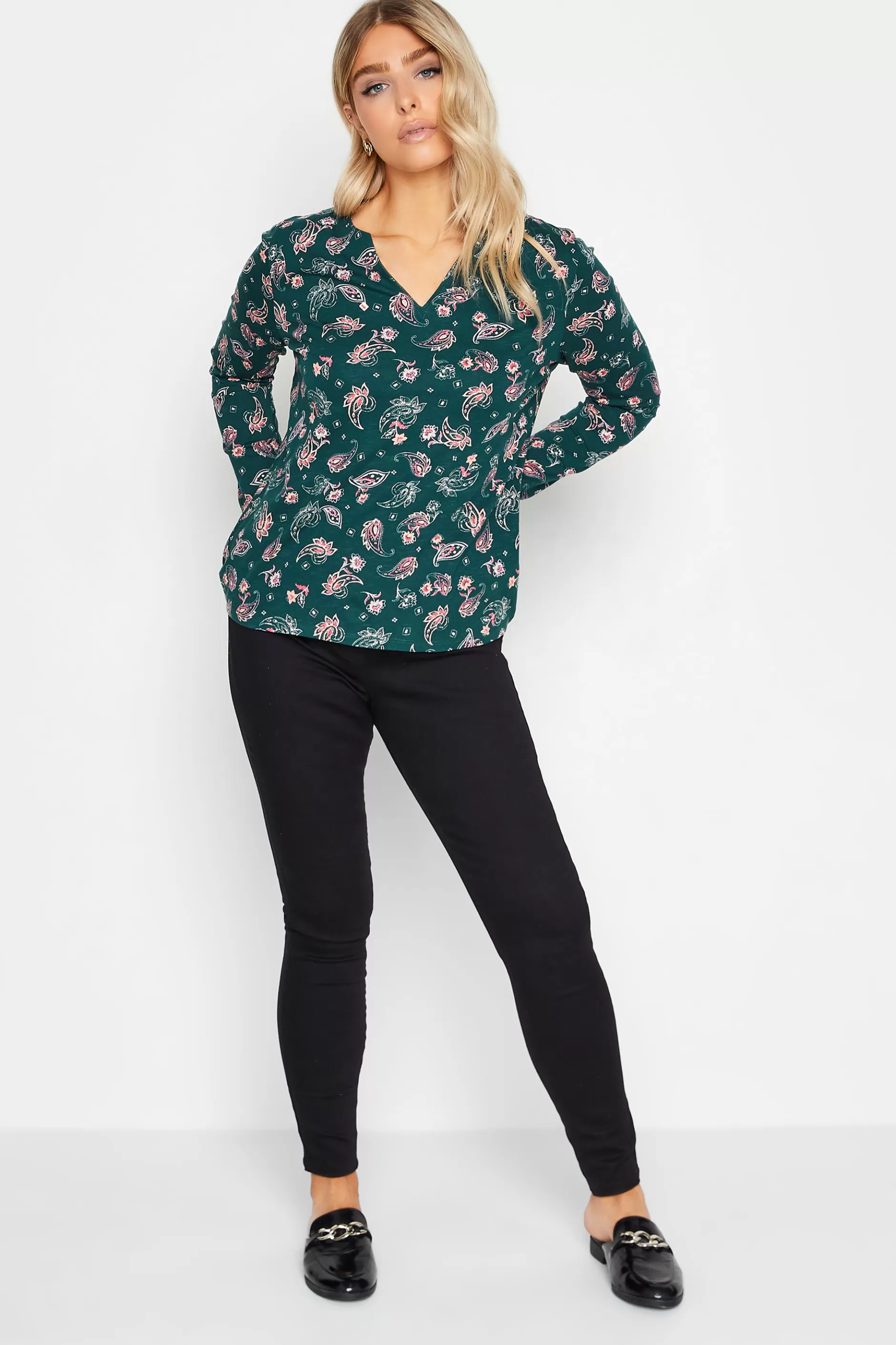 Women M&Co T-Shirts> Womens Teal Green Paisley Print Notch Neck Cotton T-Shirt