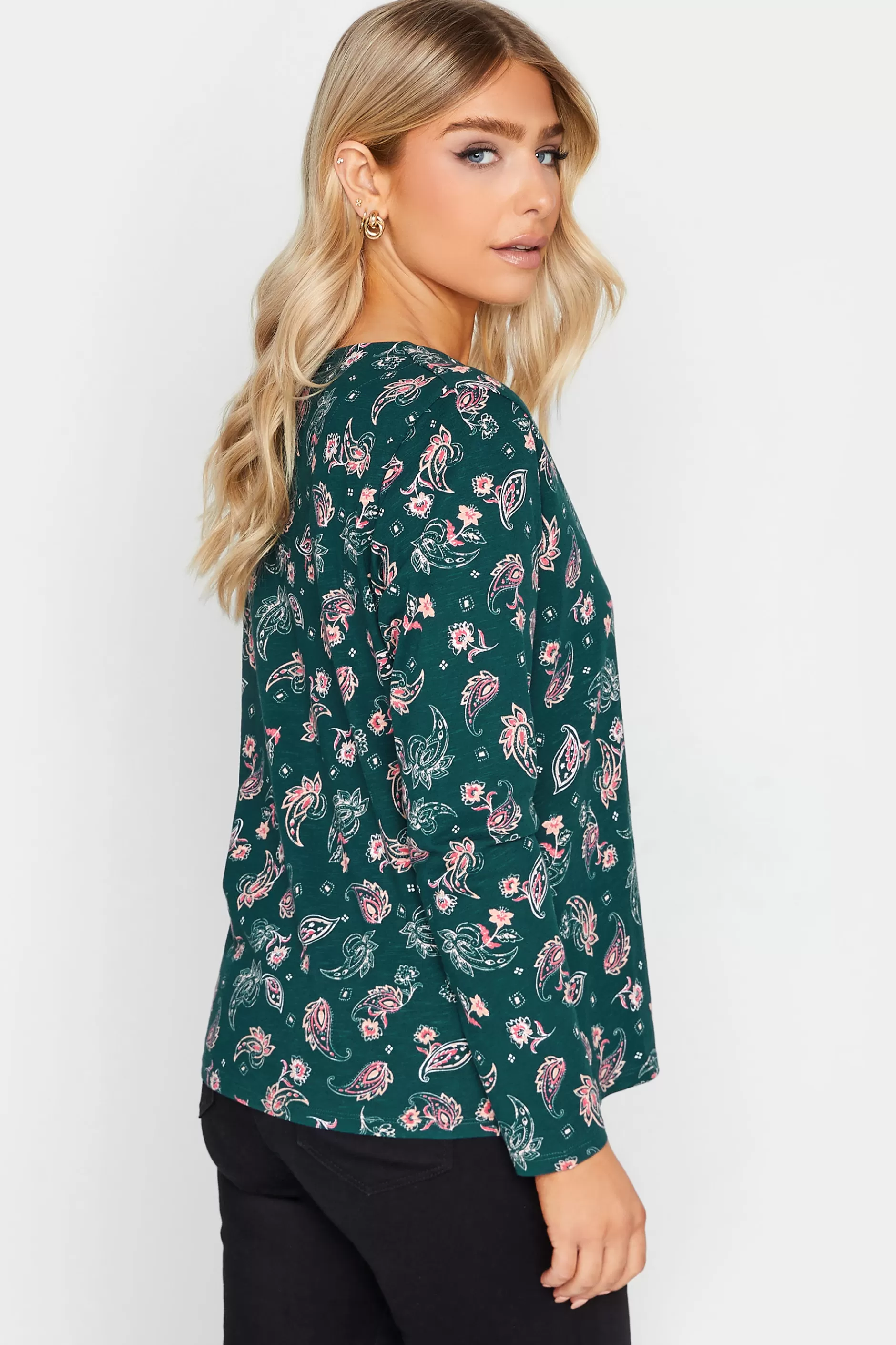 Women M&Co T-Shirts> Womens Teal Green Paisley Print Notch Neck Cotton T-Shirt