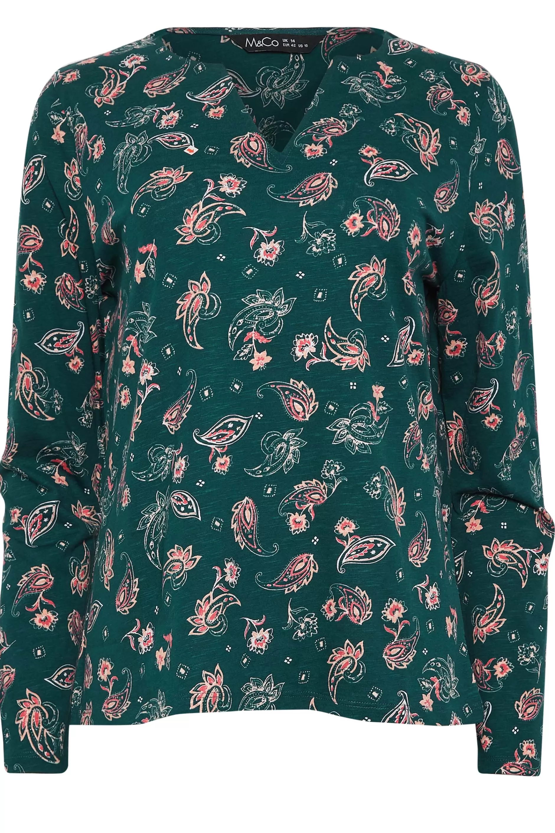 Women M&Co T-Shirts> Womens Teal Green Paisley Print Notch Neck Cotton T-Shirt