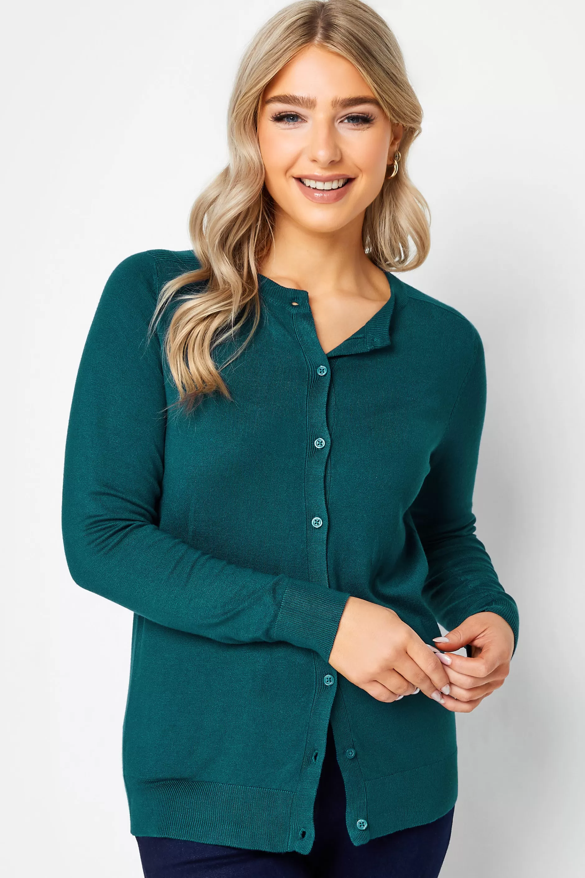 Women M&Co Cardigan> Womens Teal Green Ribbed Shoulder Cardigan