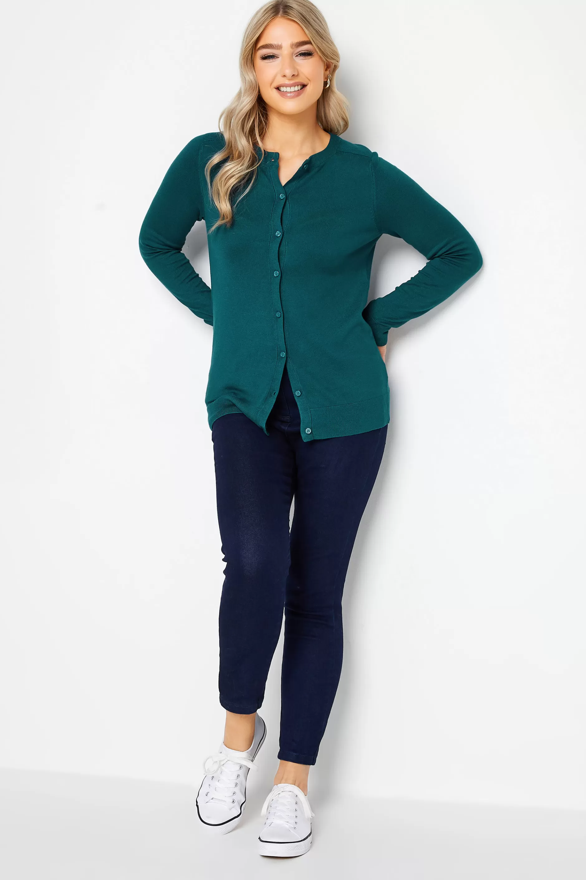 Women M&Co Cardigan> Womens Teal Green Ribbed Shoulder Cardigan