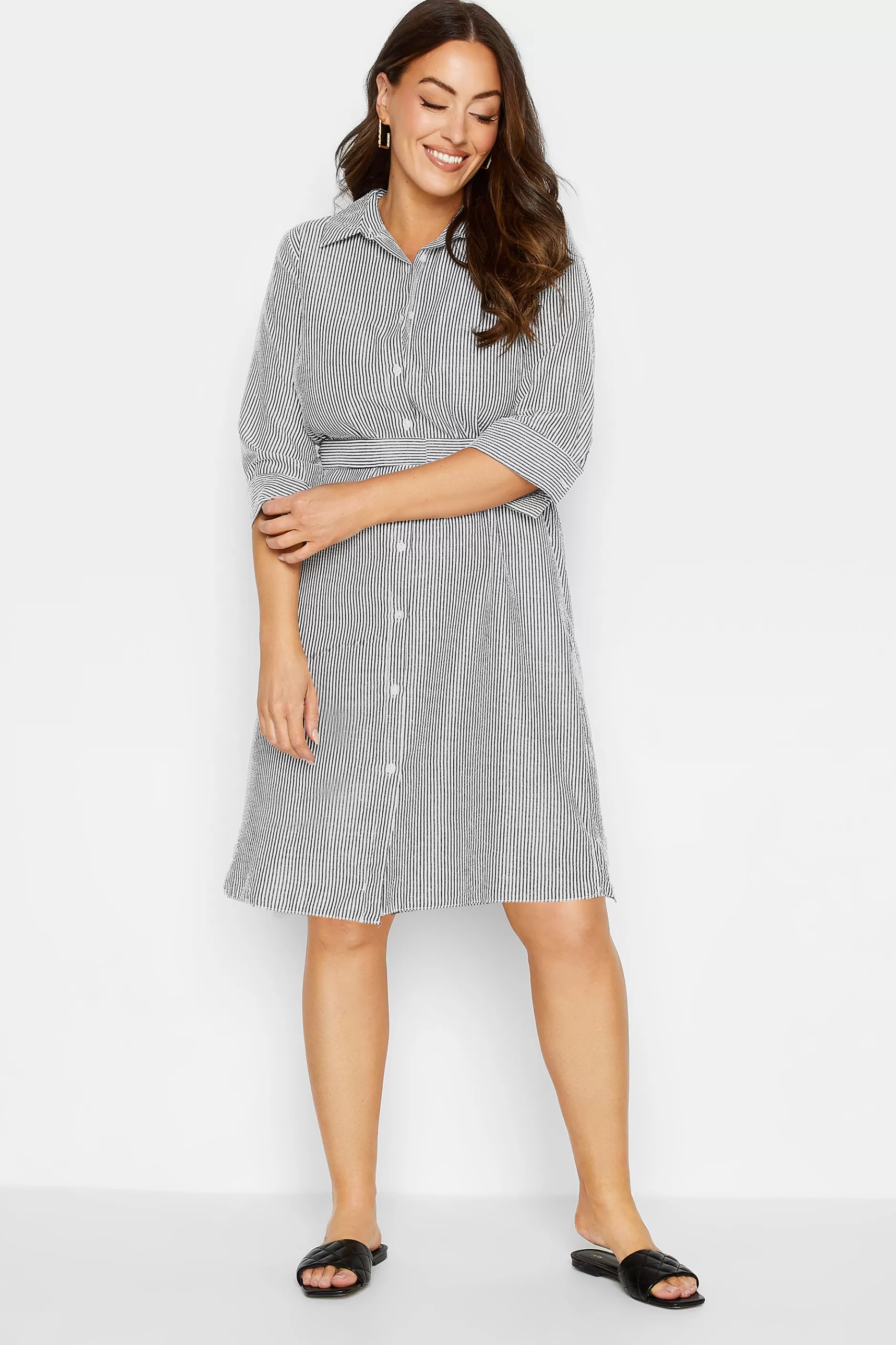 Women M&Co Shirt Dresses> Womens White & Black Stripe Print Tie Waist Tunic Shirt Dress
