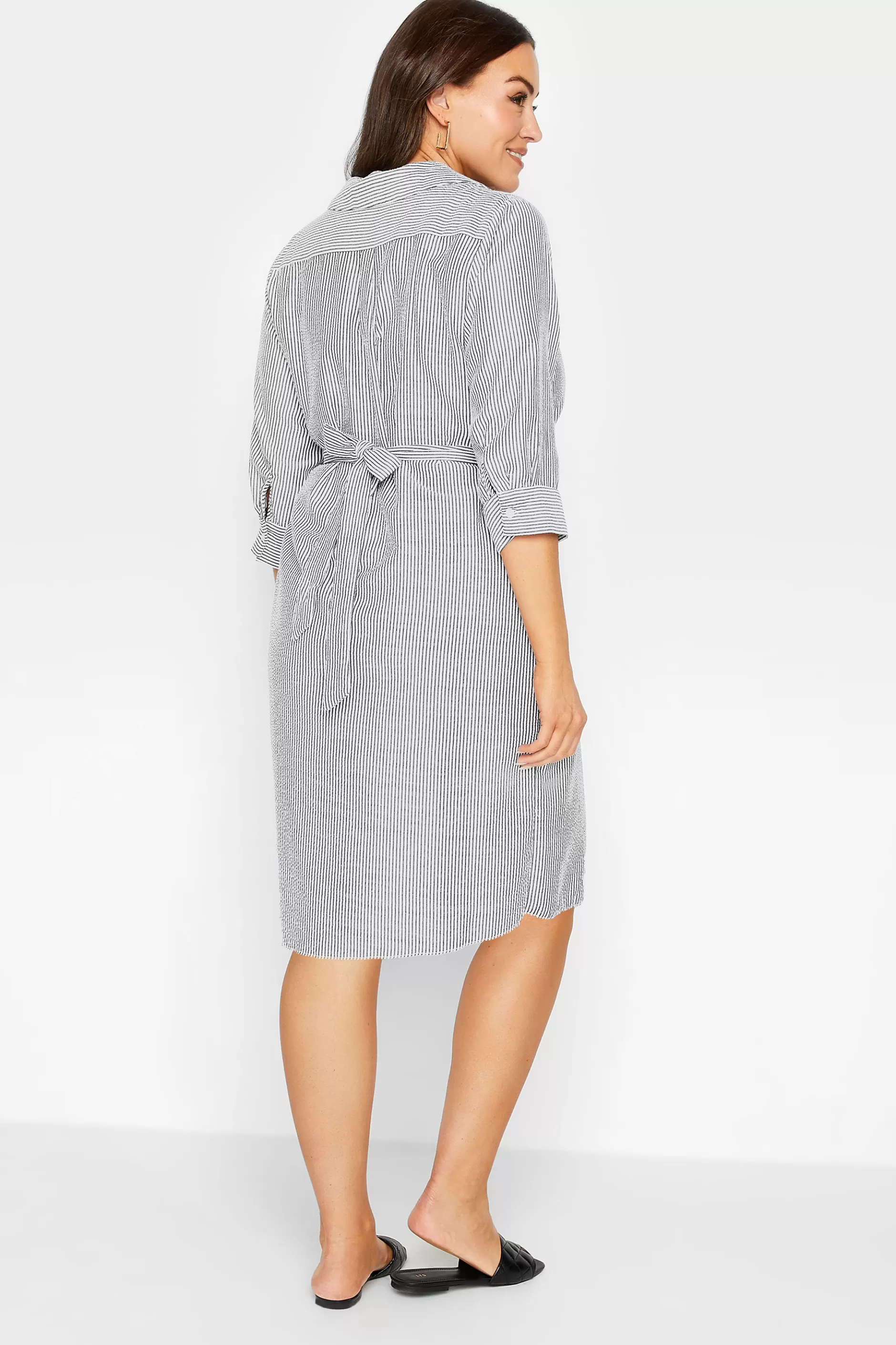 Women M&Co Shirt Dresses> Womens White & Black Stripe Print Tie Waist Tunic Shirt Dress