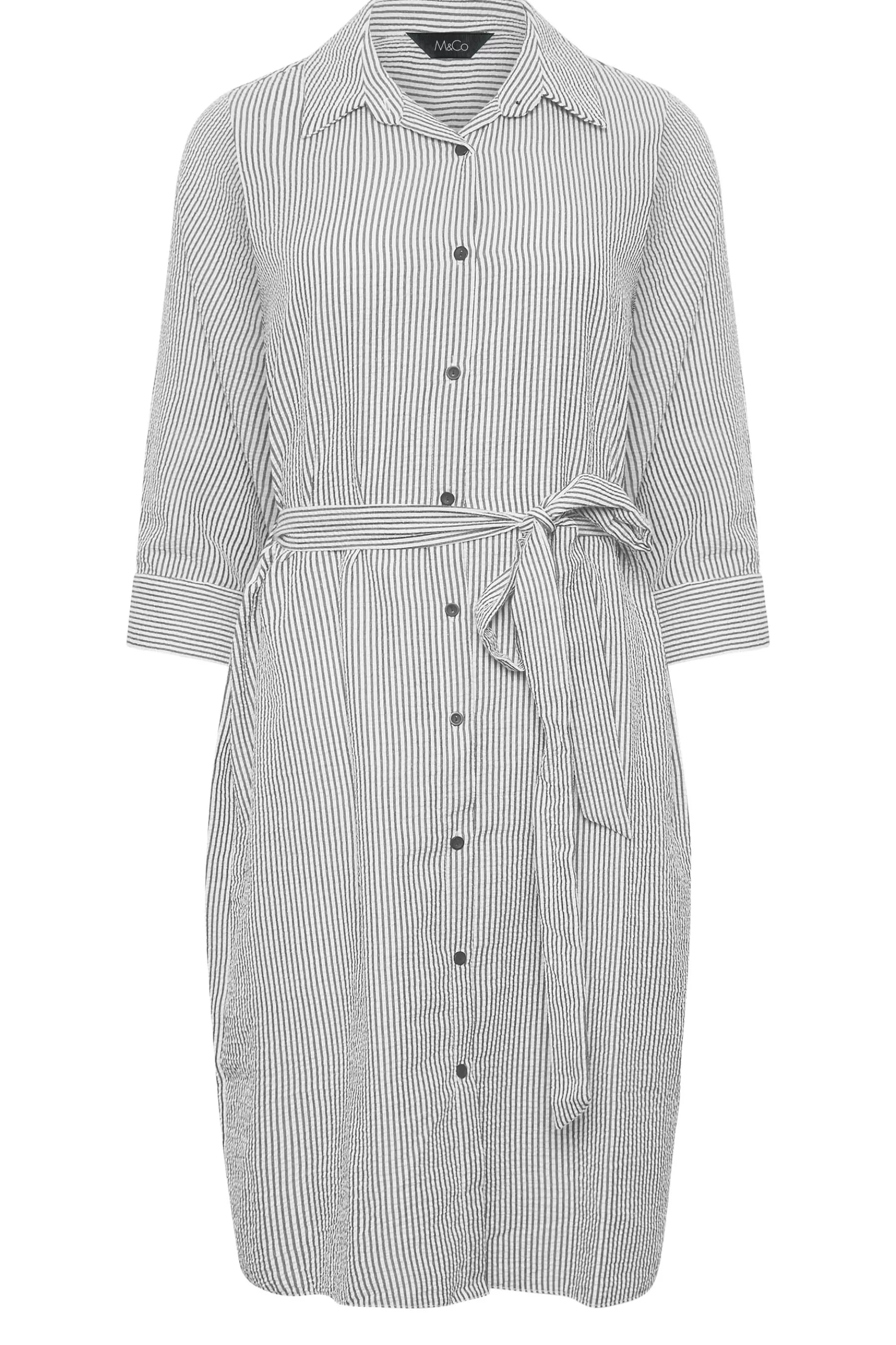 Women M&Co Shirt Dresses> Womens White & Black Stripe Print Tie Waist Tunic Shirt Dress