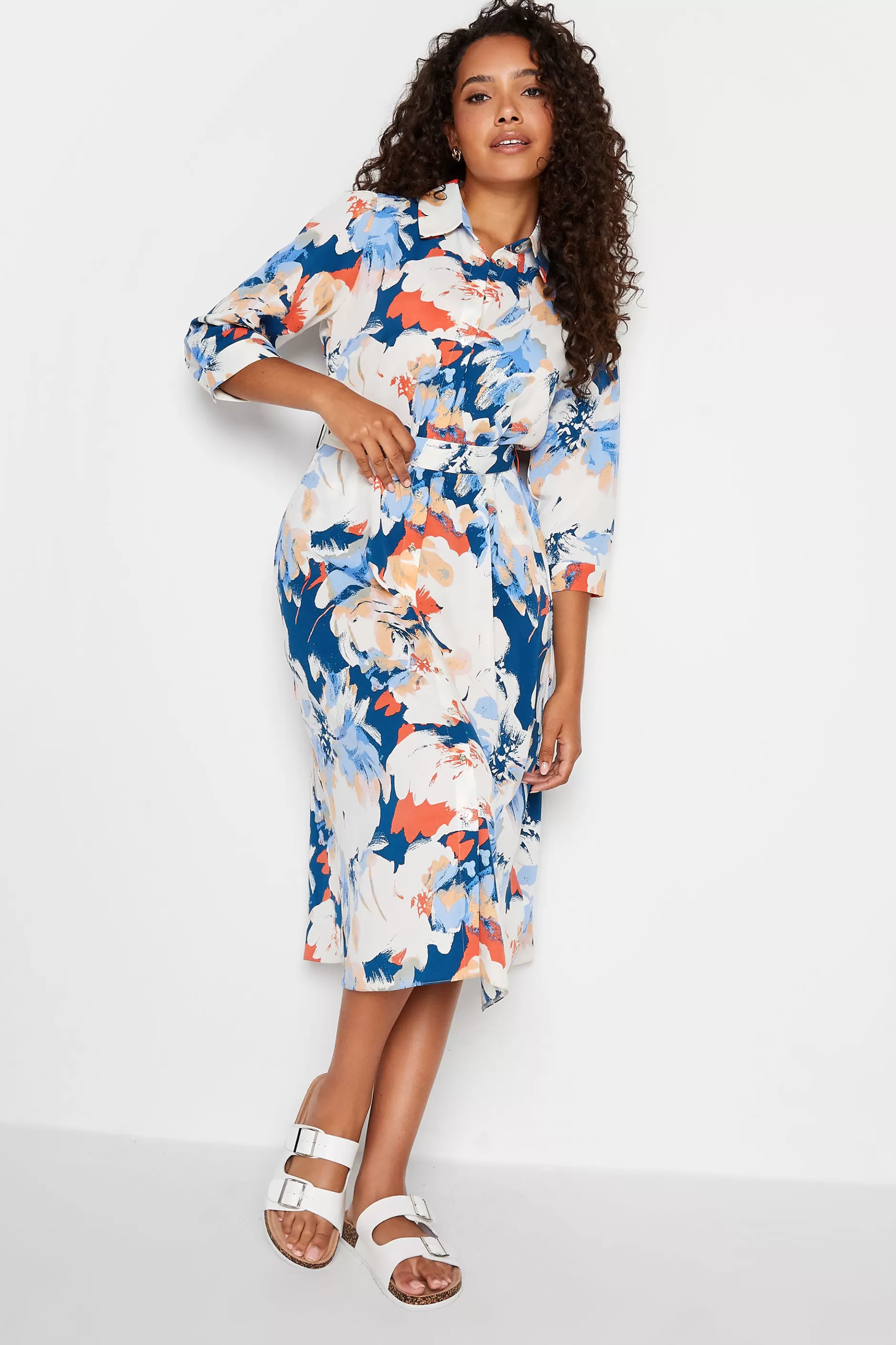 Women M&Co Wedding Guest Dresses> Womens White & Blue Floral Print Button Through Shirt Dress