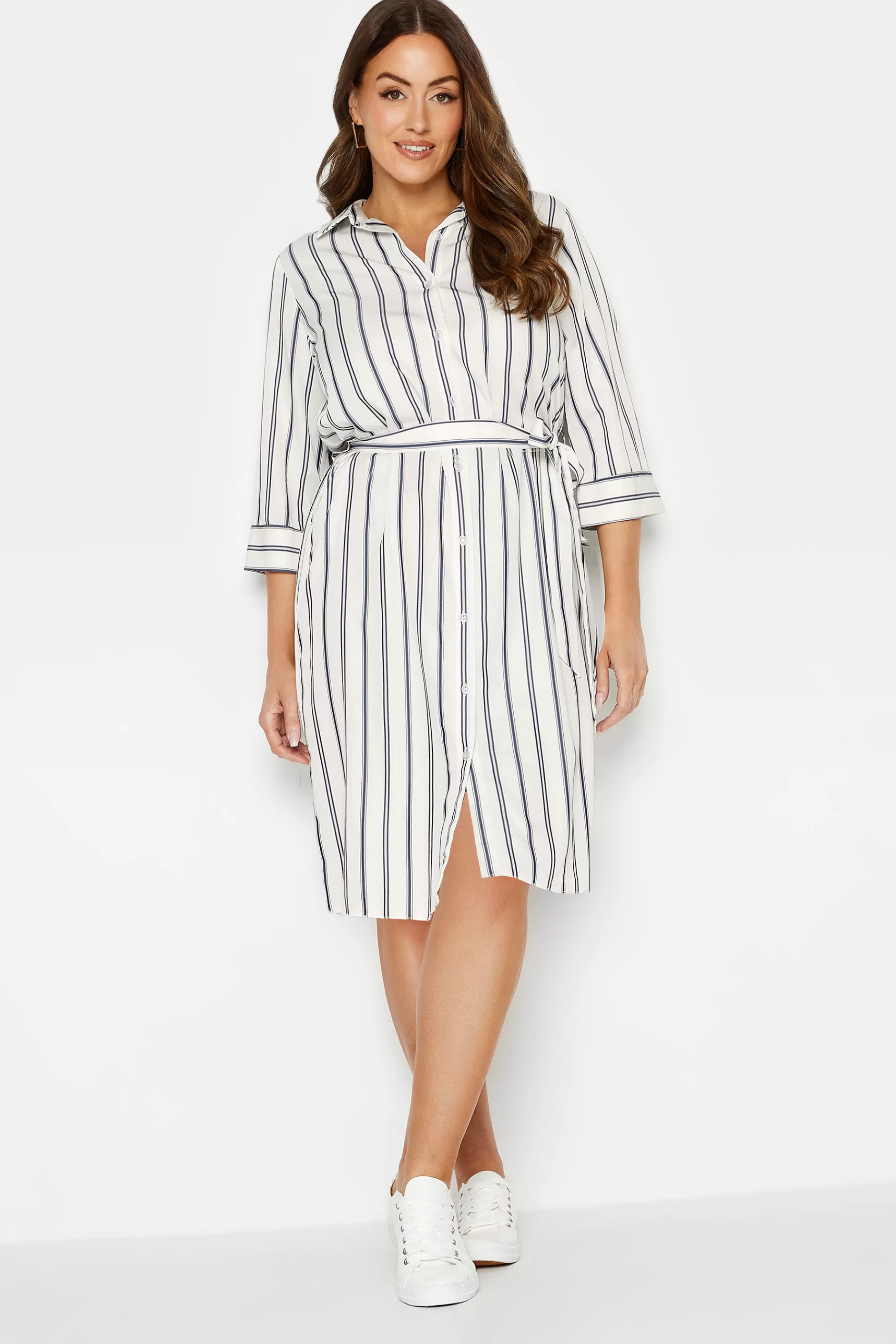 Women M&Co Shirt Dresses> Womens White & Navy Blue Stripe Print Tie Waist Tunic Shirt Dress