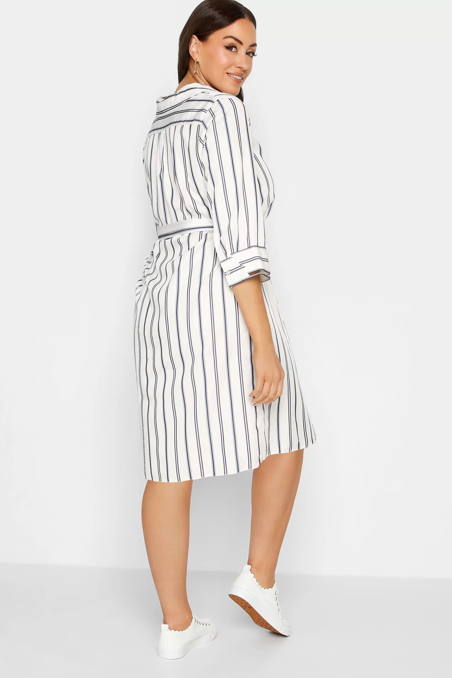 Women M&Co Shirt Dresses> Womens White & Navy Blue Stripe Print Tie Waist Tunic Shirt Dress