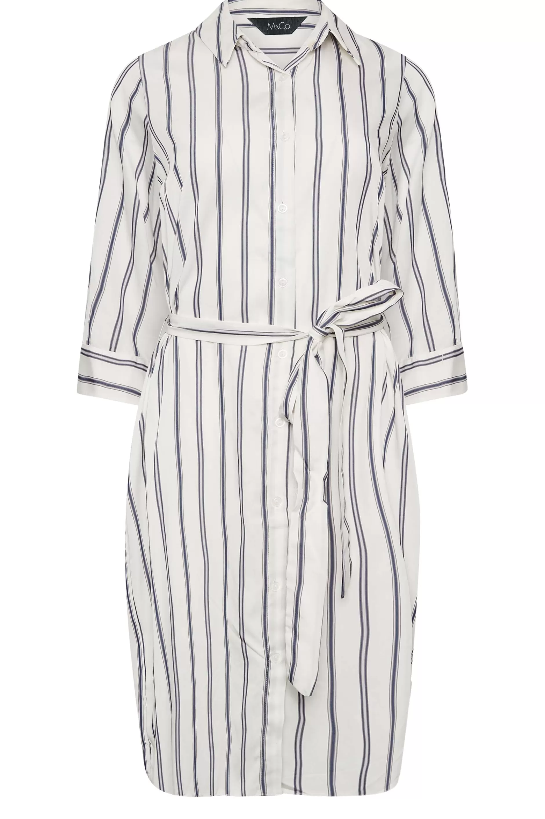 Women M&Co Shirt Dresses> Womens White & Navy Blue Stripe Print Tie Waist Tunic Shirt Dress