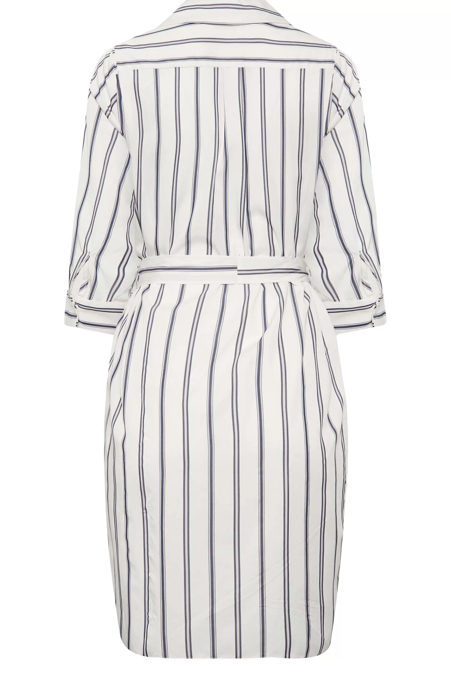 Women M&Co Shirt Dresses> Womens White & Navy Blue Stripe Print Tie Waist Tunic Shirt Dress