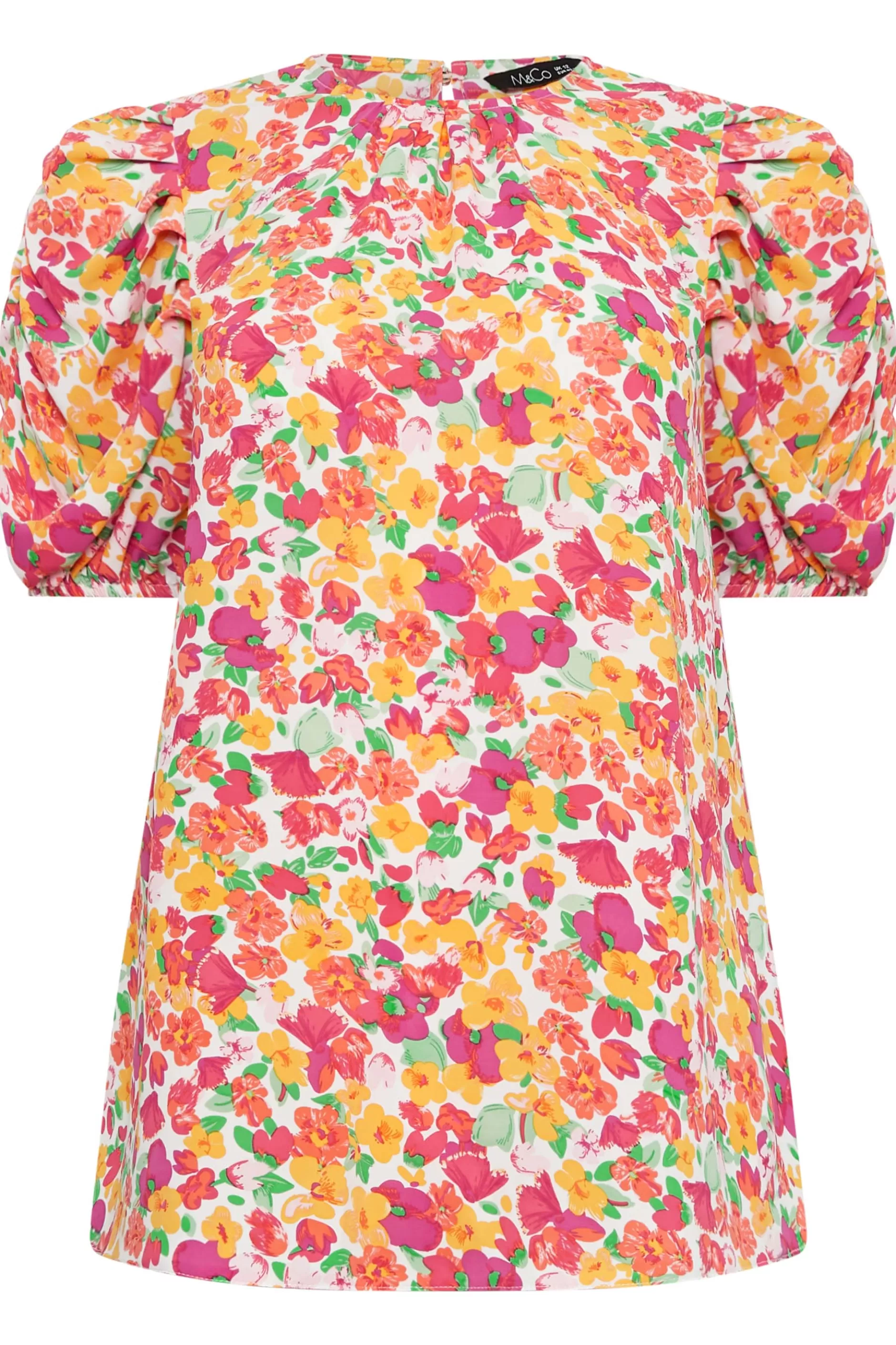 Women M&Co Short Sleeve Tops> Womens White & Pink Floral Print Puff Sleeve Blouse