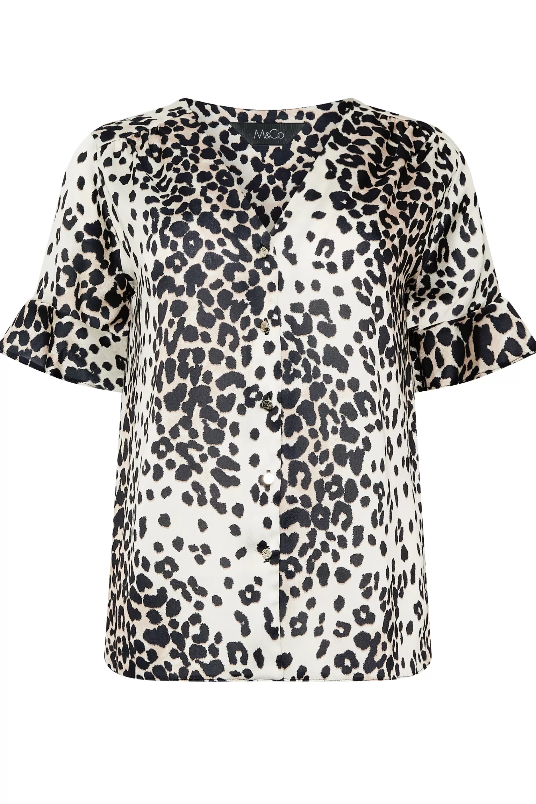 Women M&Co Short Sleeve Tops> Womens White Animal Print Frill Sleeve Button Through Blouse