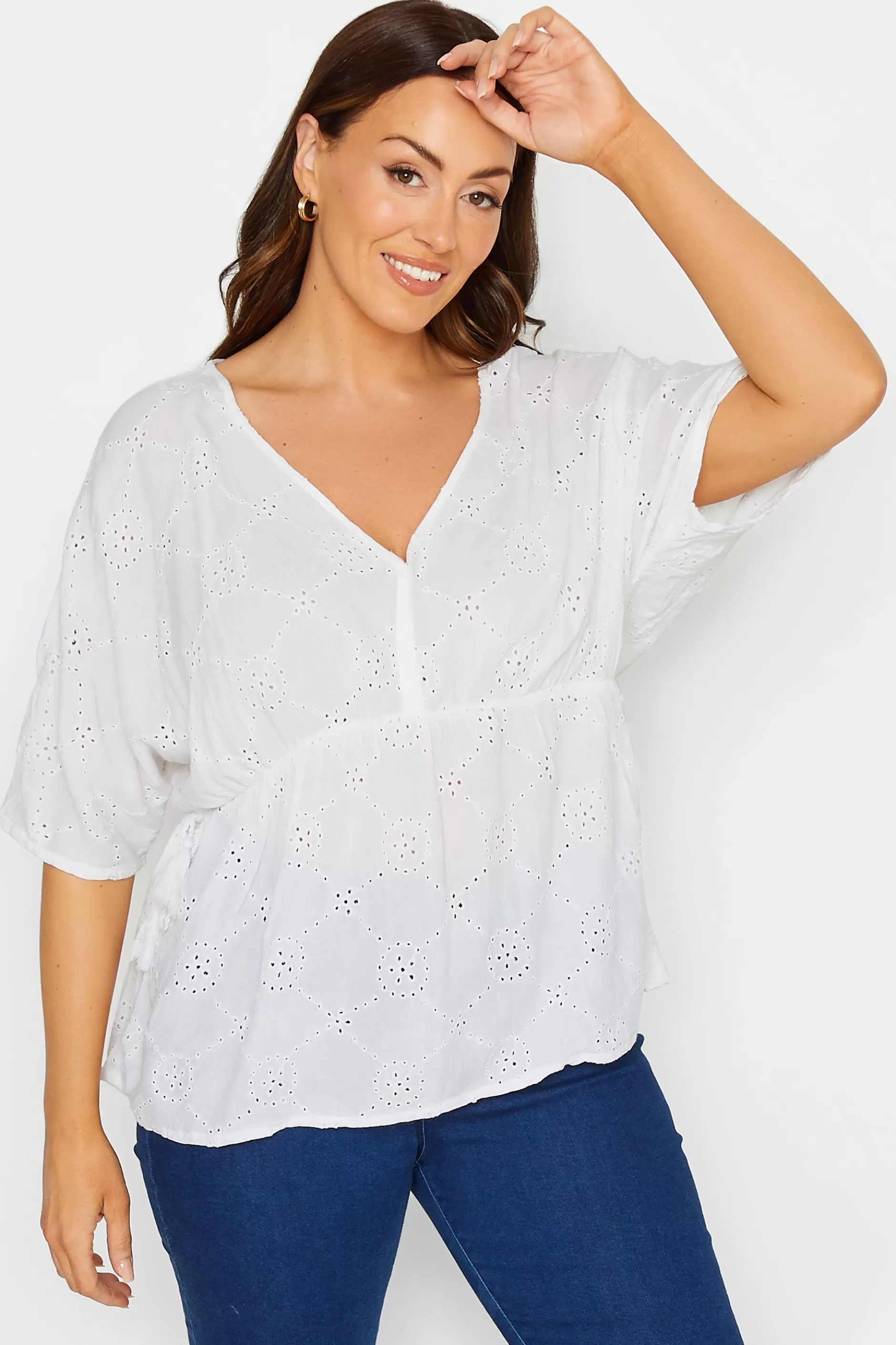 Women M&Co Short Sleeve Tops> Womens White Broderie V-Neck Blouse