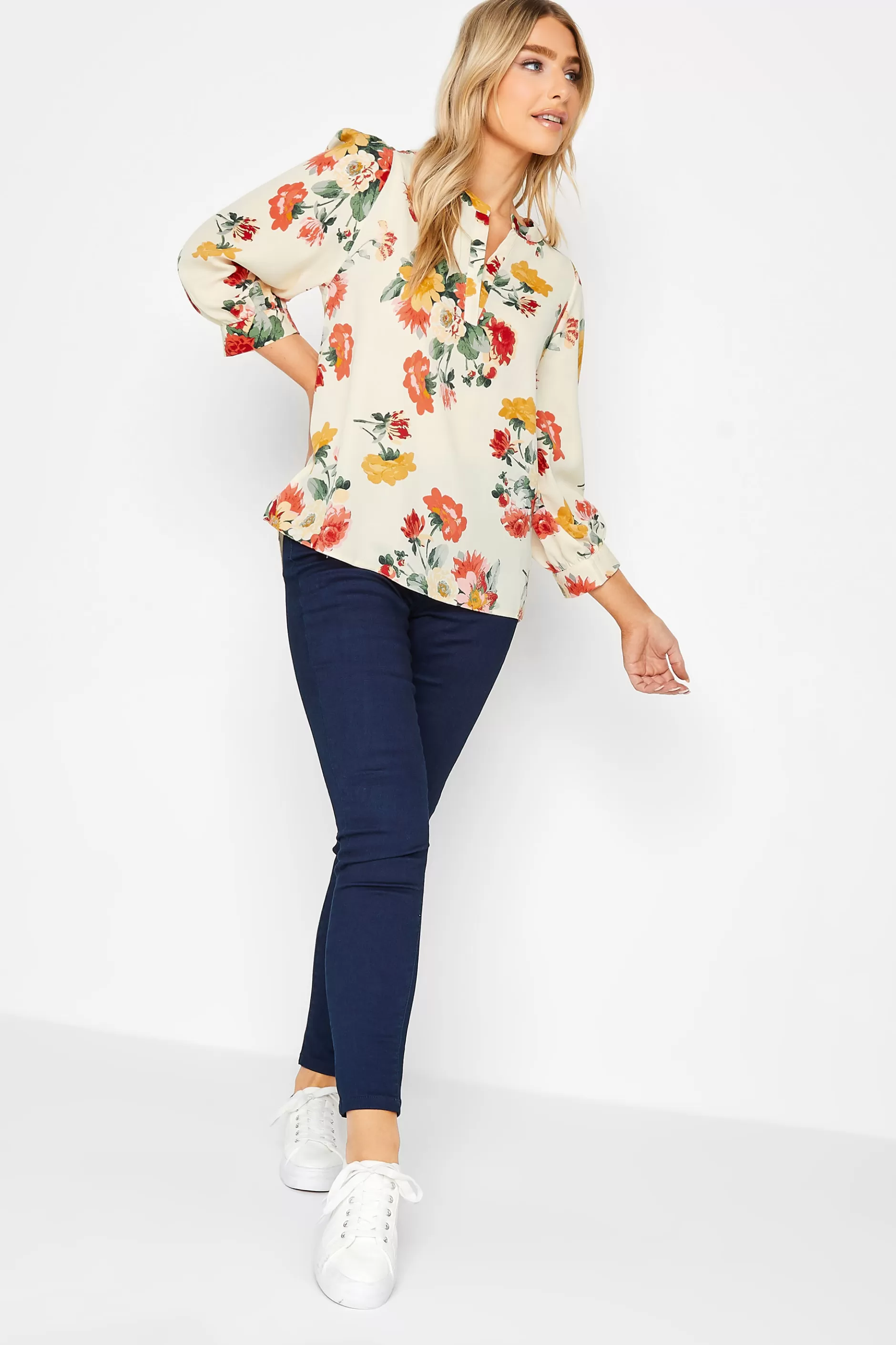 Women M&Co Blouses> Womens White Cream Floral Print Satin Blouse