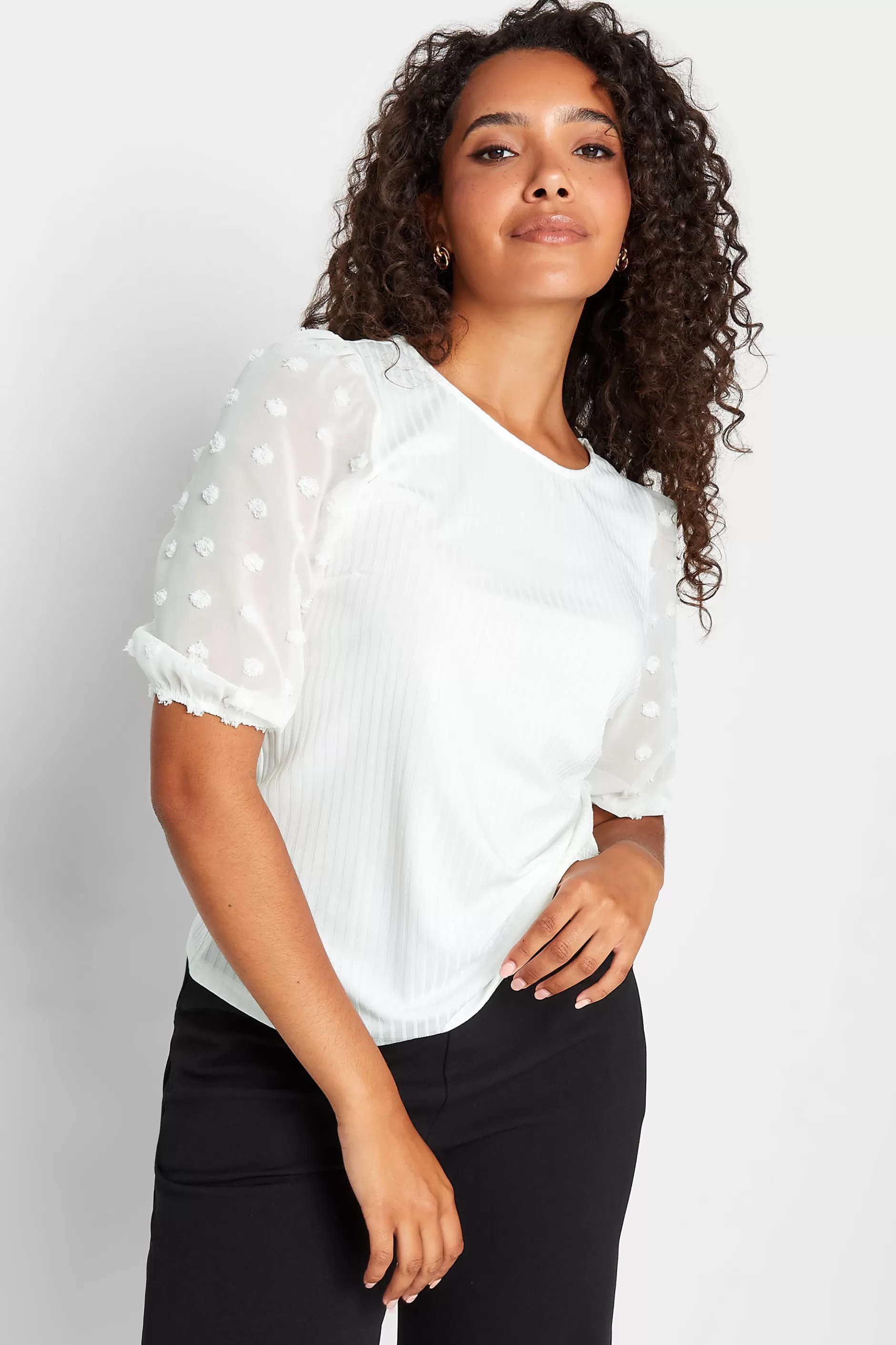 Women M&Co Shirts> Womens White Dobby Sleeve Blouse