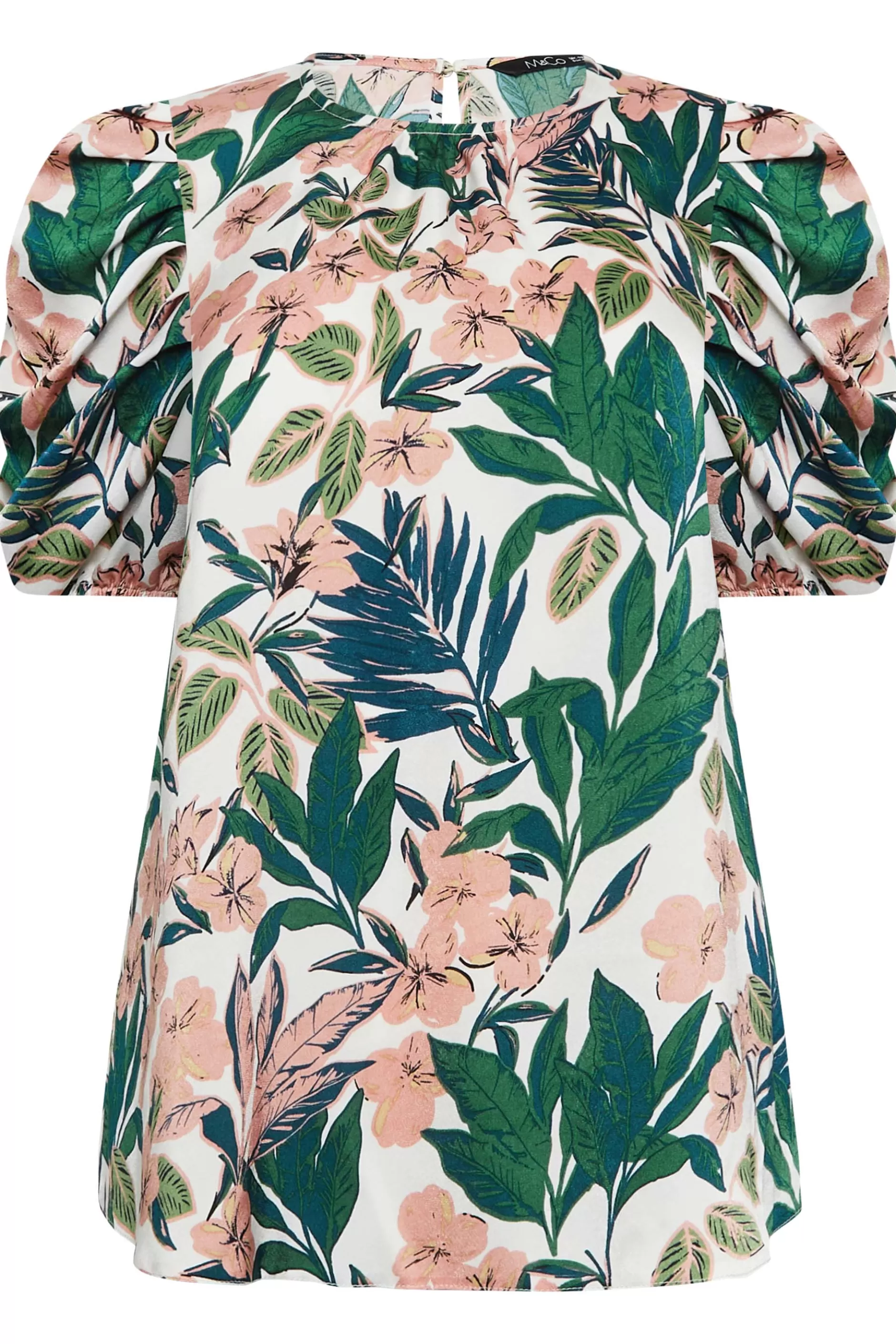 Women M&Co Short Sleeve Tops> Womens White Floral Print Puff Sleeve Blouse