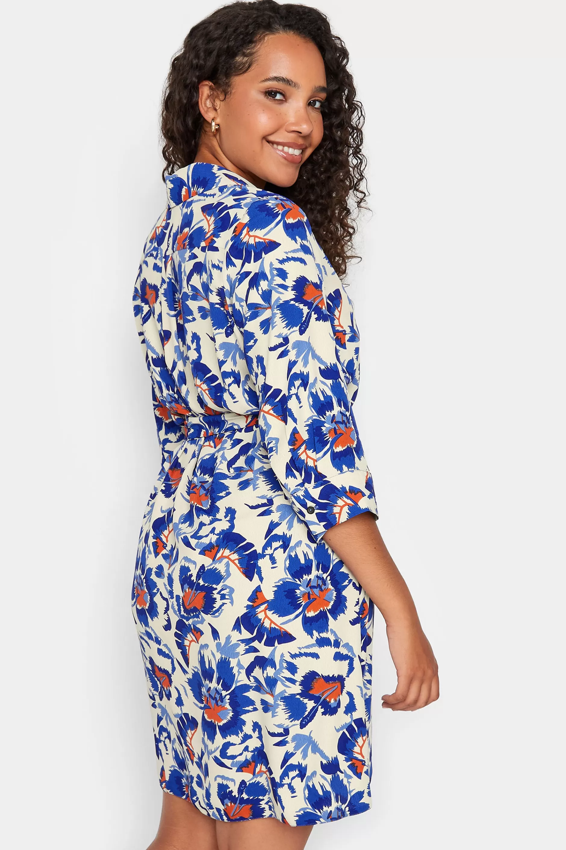 Women M&Co Shirt Dresses> Womens White Floral Print Tie Tunic Shirt Dress