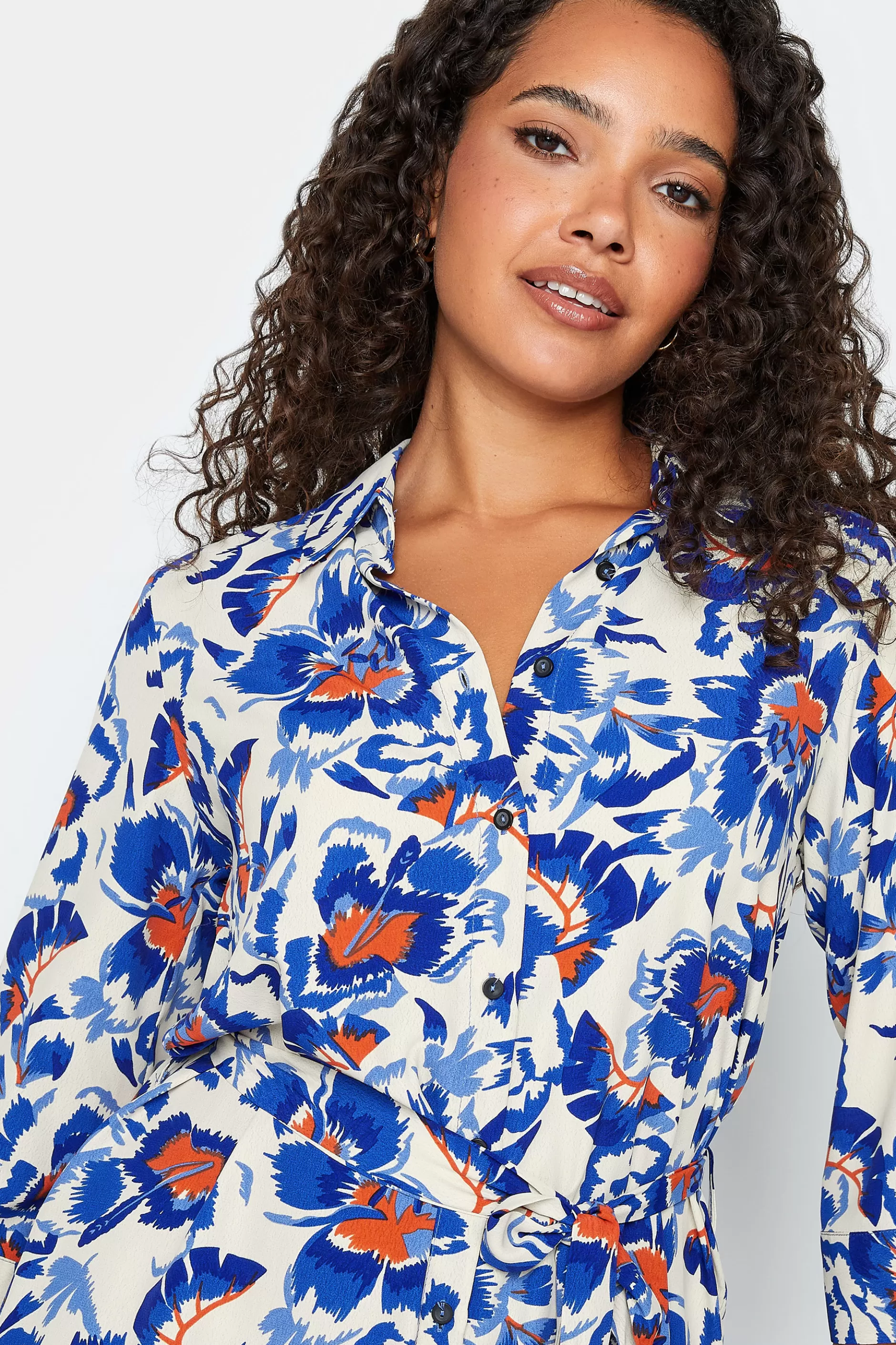 Women M&Co Shirt Dresses> Womens White Floral Print Tie Tunic Shirt Dress