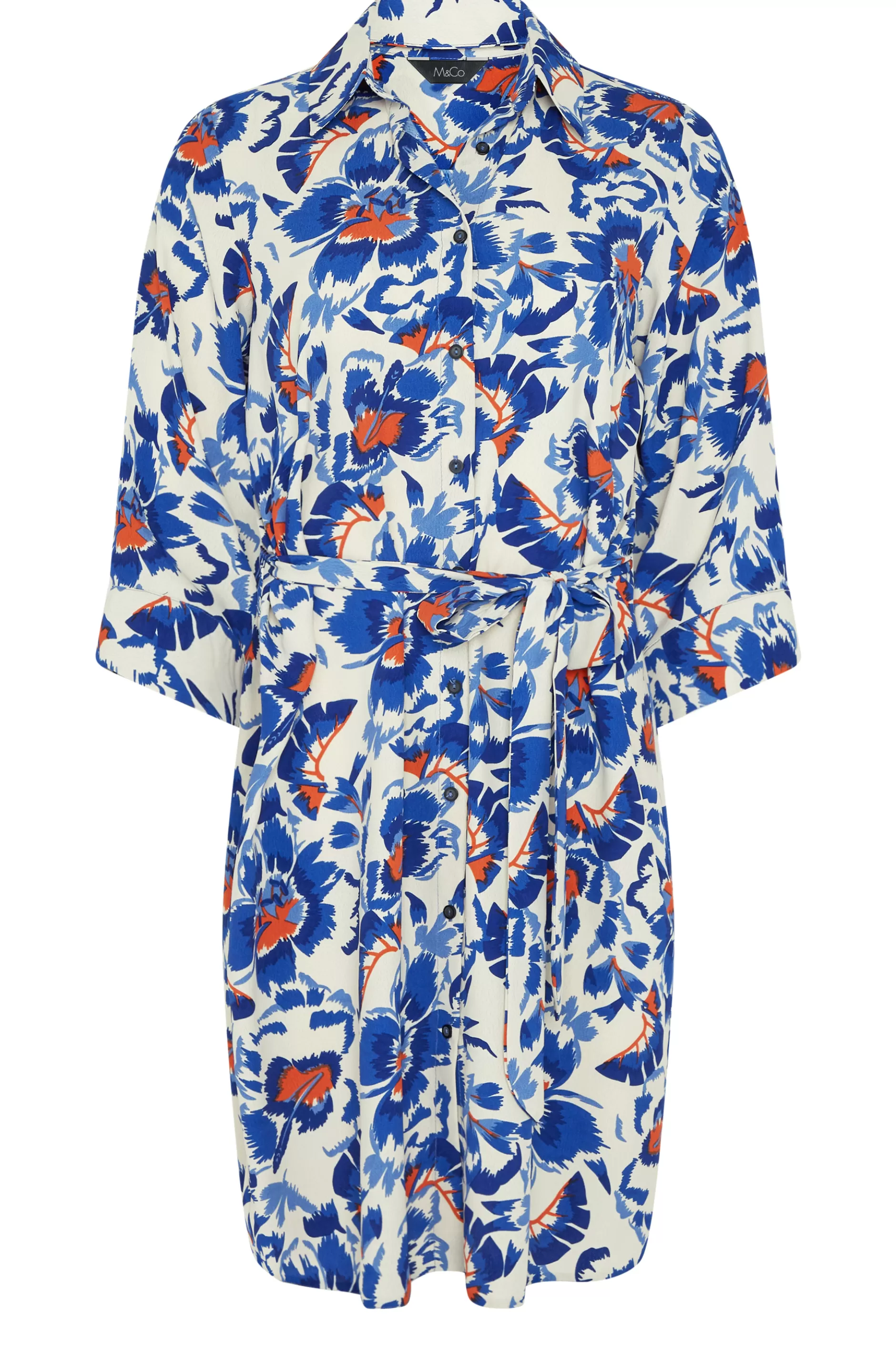 Women M&Co Shirt Dresses> Womens White Floral Print Tie Tunic Shirt Dress