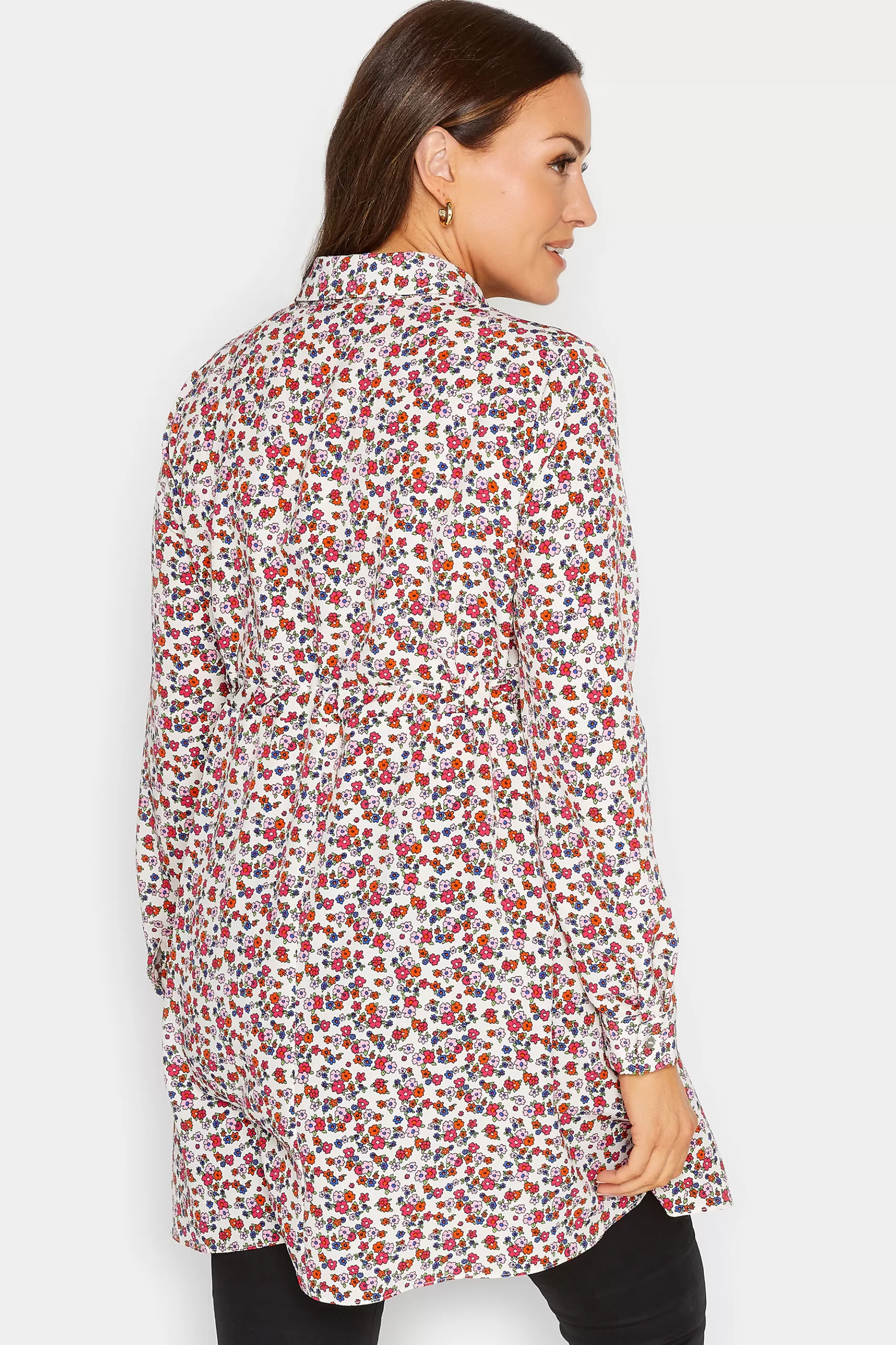 Women M&Co Shirts> Womens White Floral Print Tie Waist Tunic Shirt