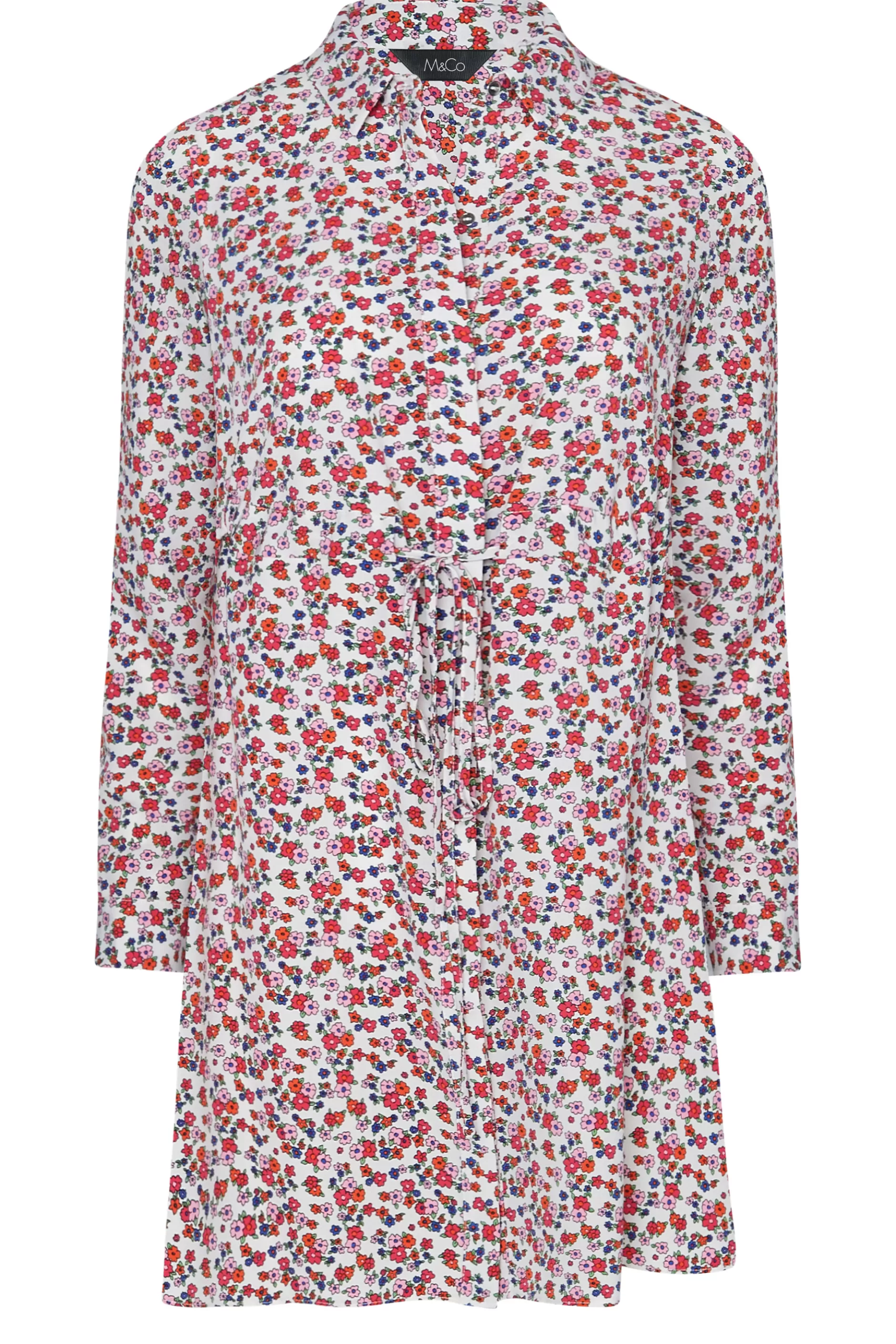 Women M&Co Shirts> Womens White Floral Print Tie Waist Tunic Shirt