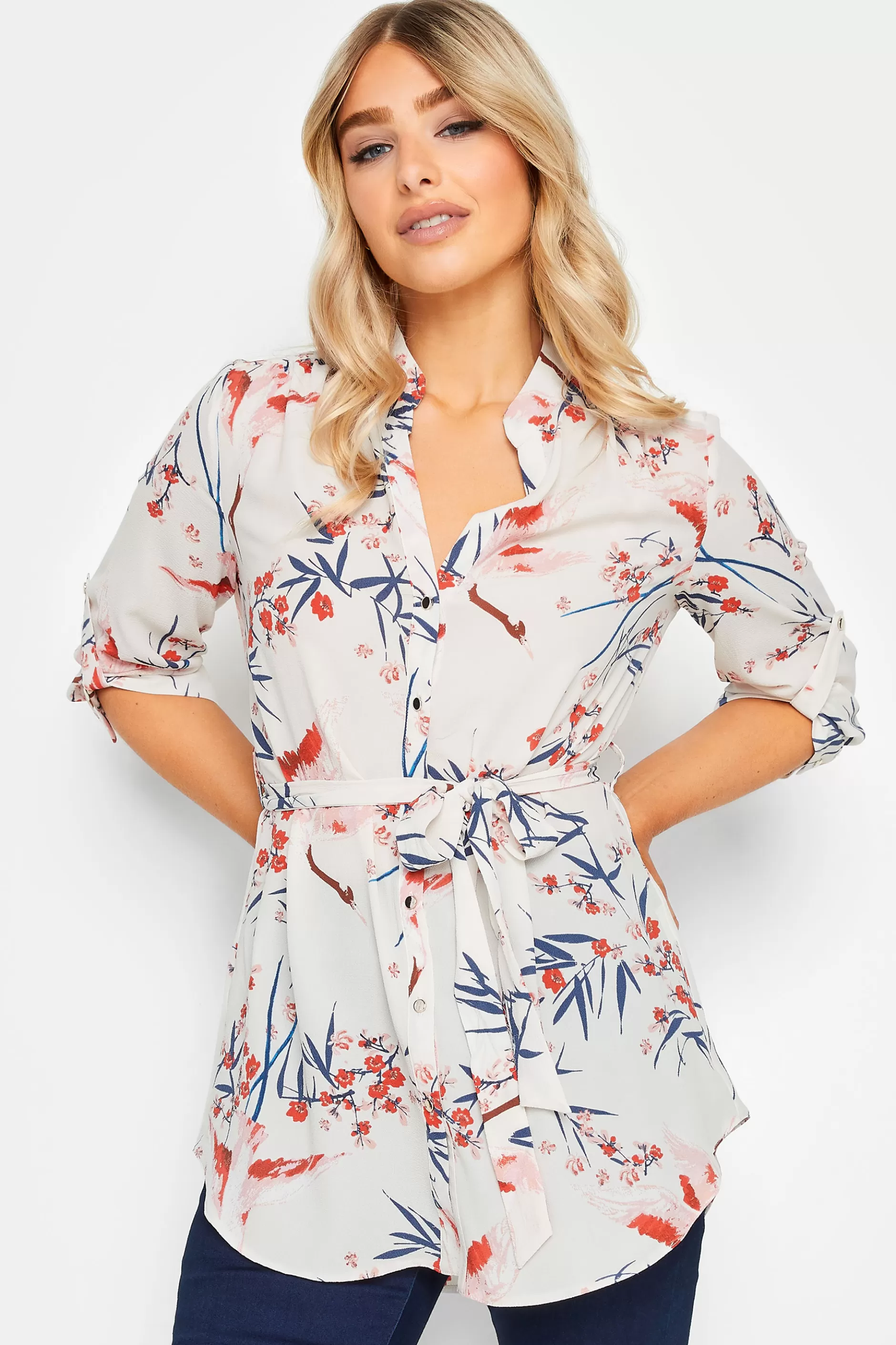 Women M&Co Shirts> Womens White Floral Tie Waist Blouse