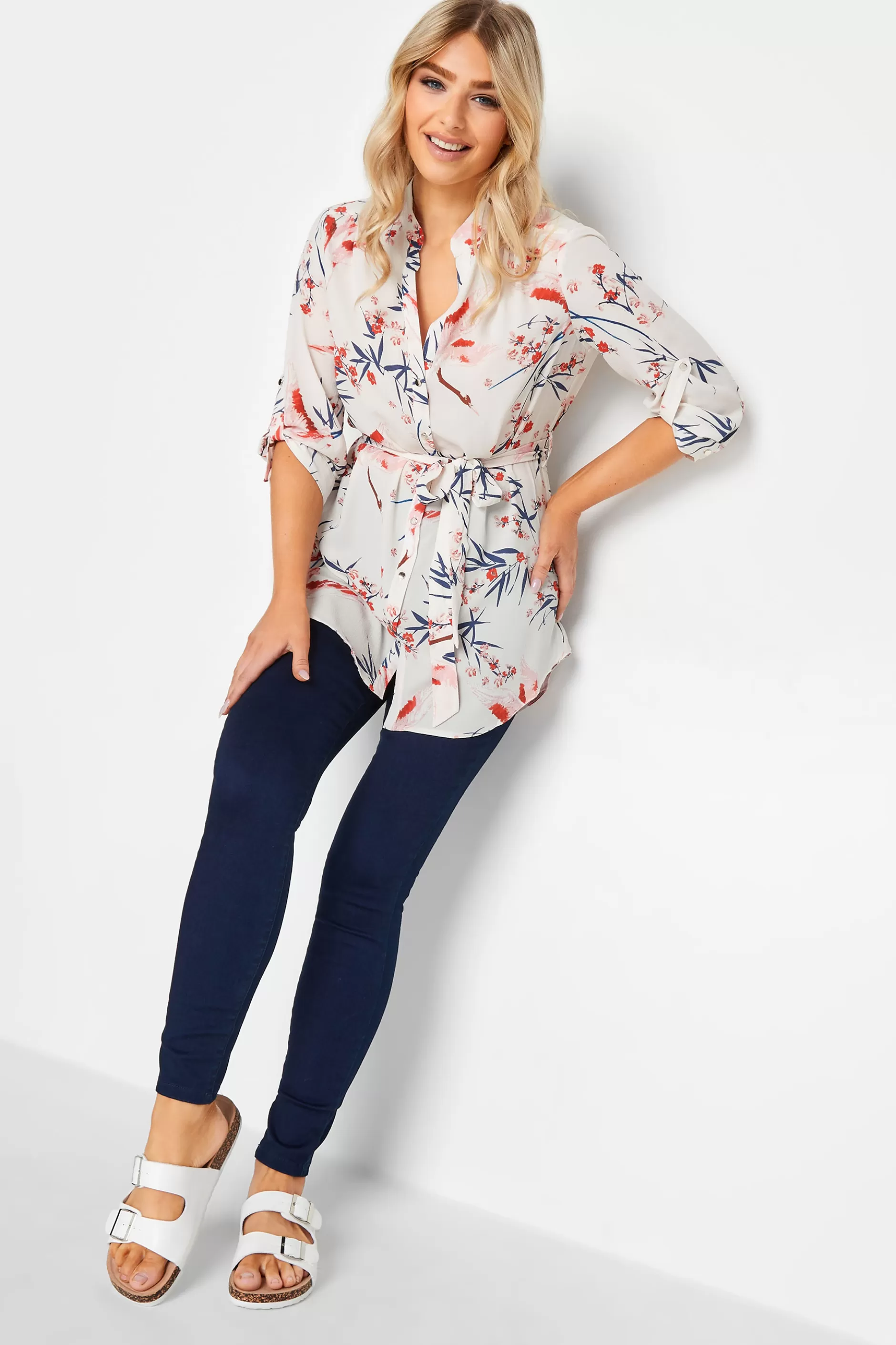 Women M&Co Shirts> Womens White Floral Tie Waist Blouse