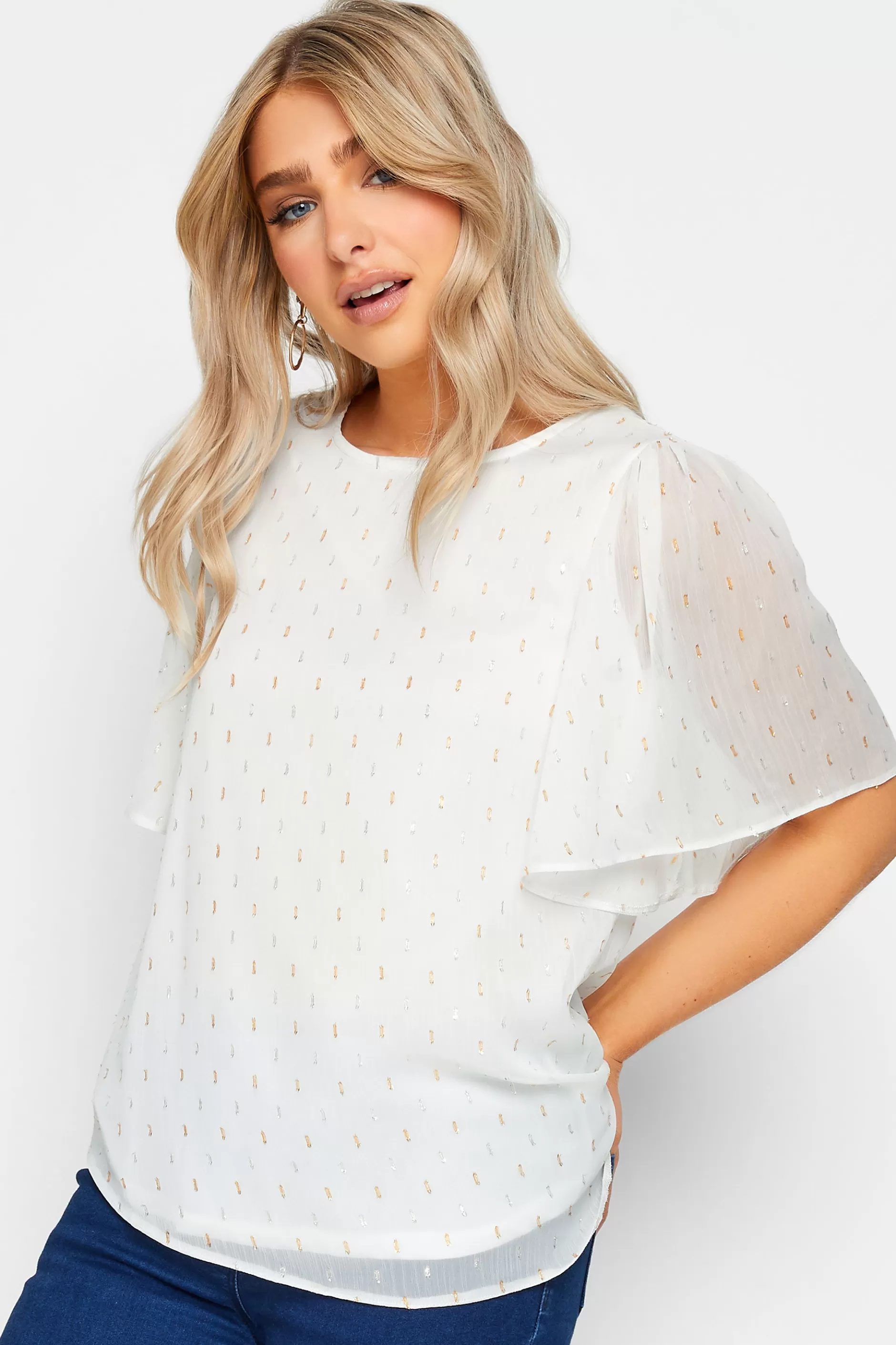 Women M&Co Short Sleeve Tops> Womens White Glitter Detail Blouse