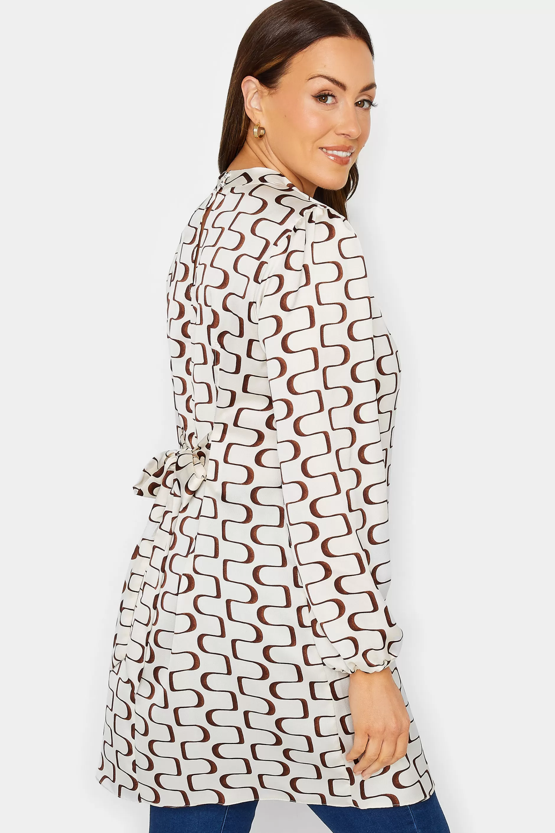 Women M&Co Shirts> Womens White Ivory Geometric Print High Neck Tunic Blouse