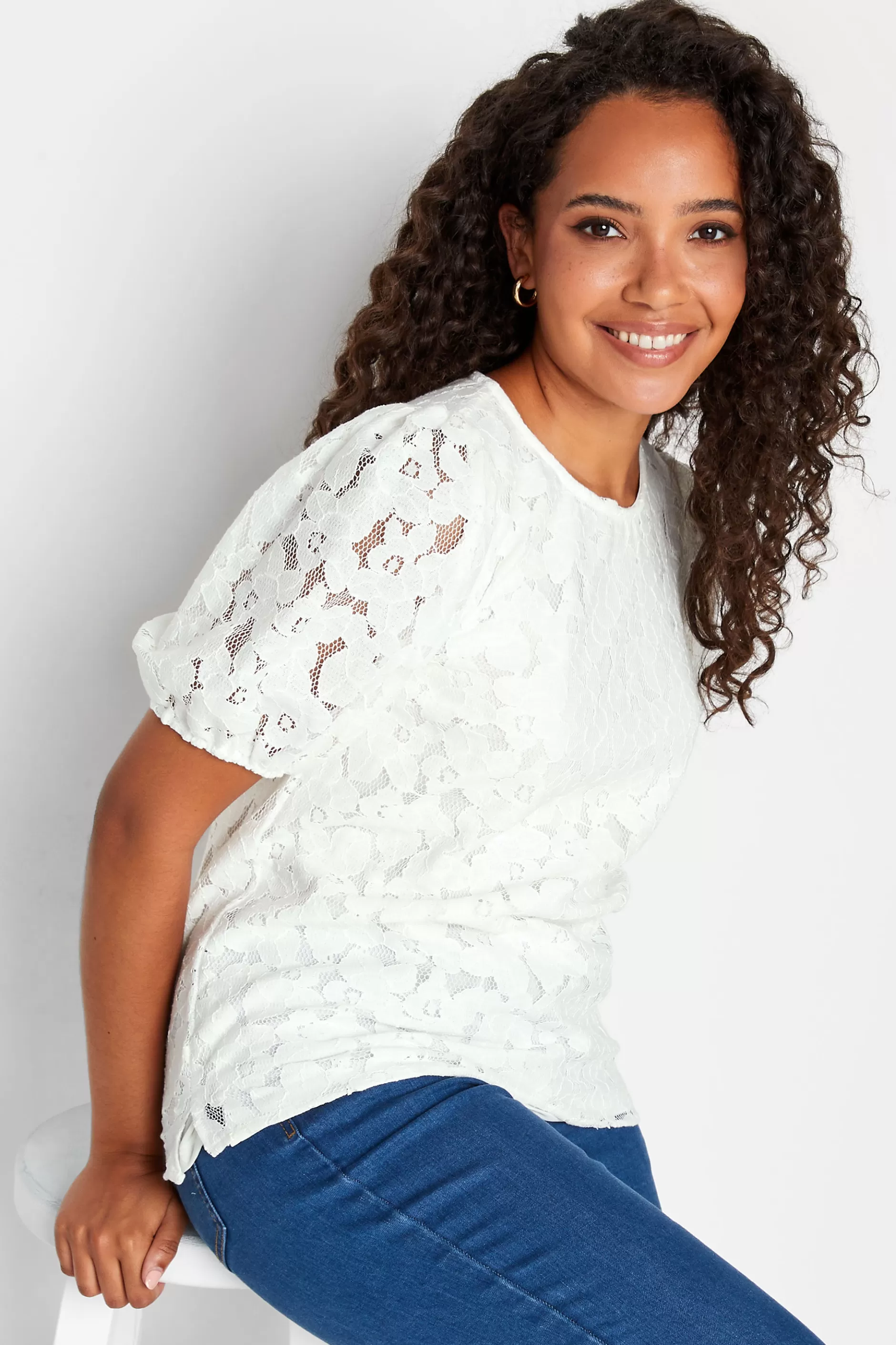 Women M&Co Blouses> Womens White Lace Puff Sleeve Blouse